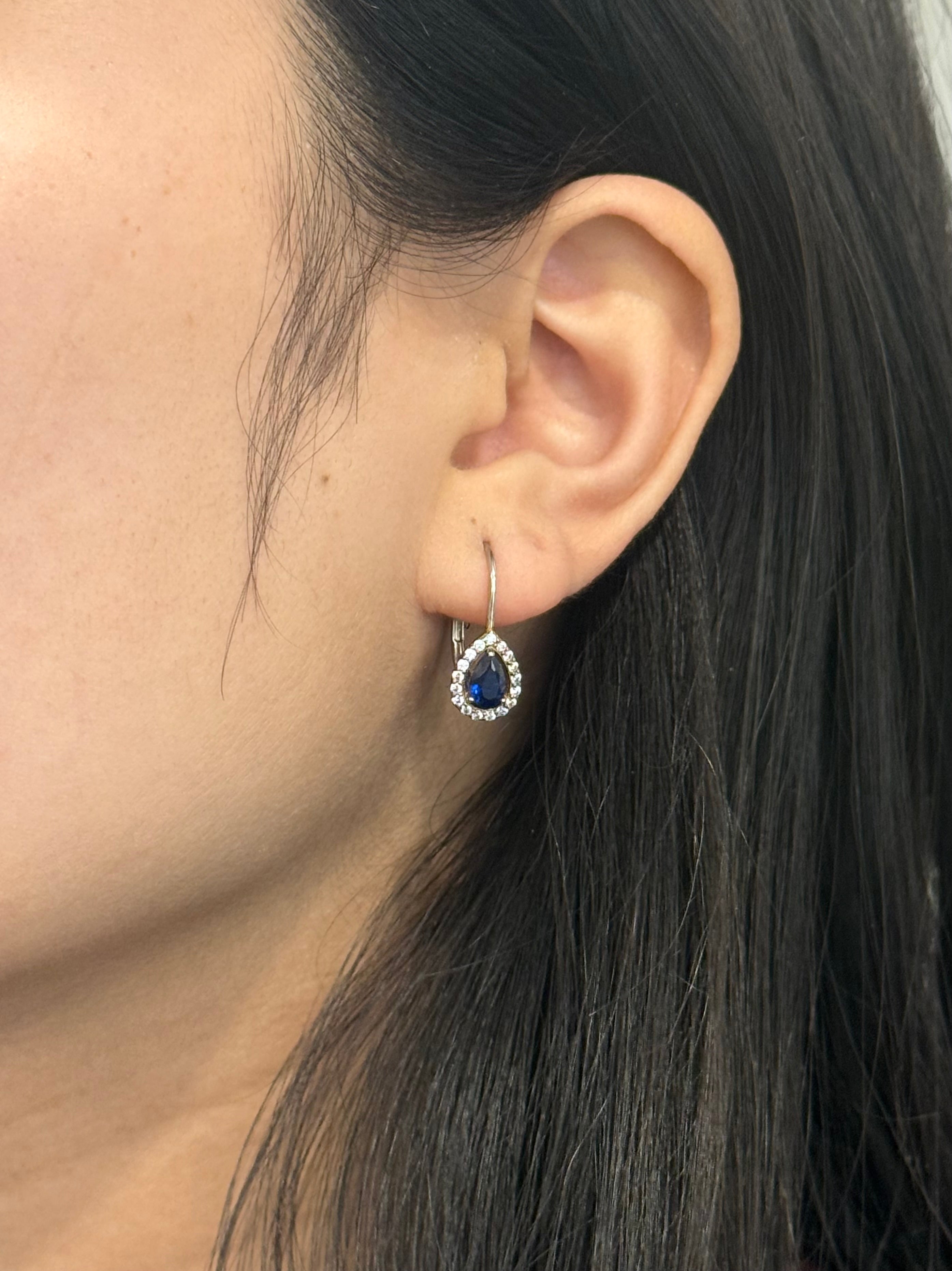 Sterling Silver Blue Pear Halo Drop Earrings
