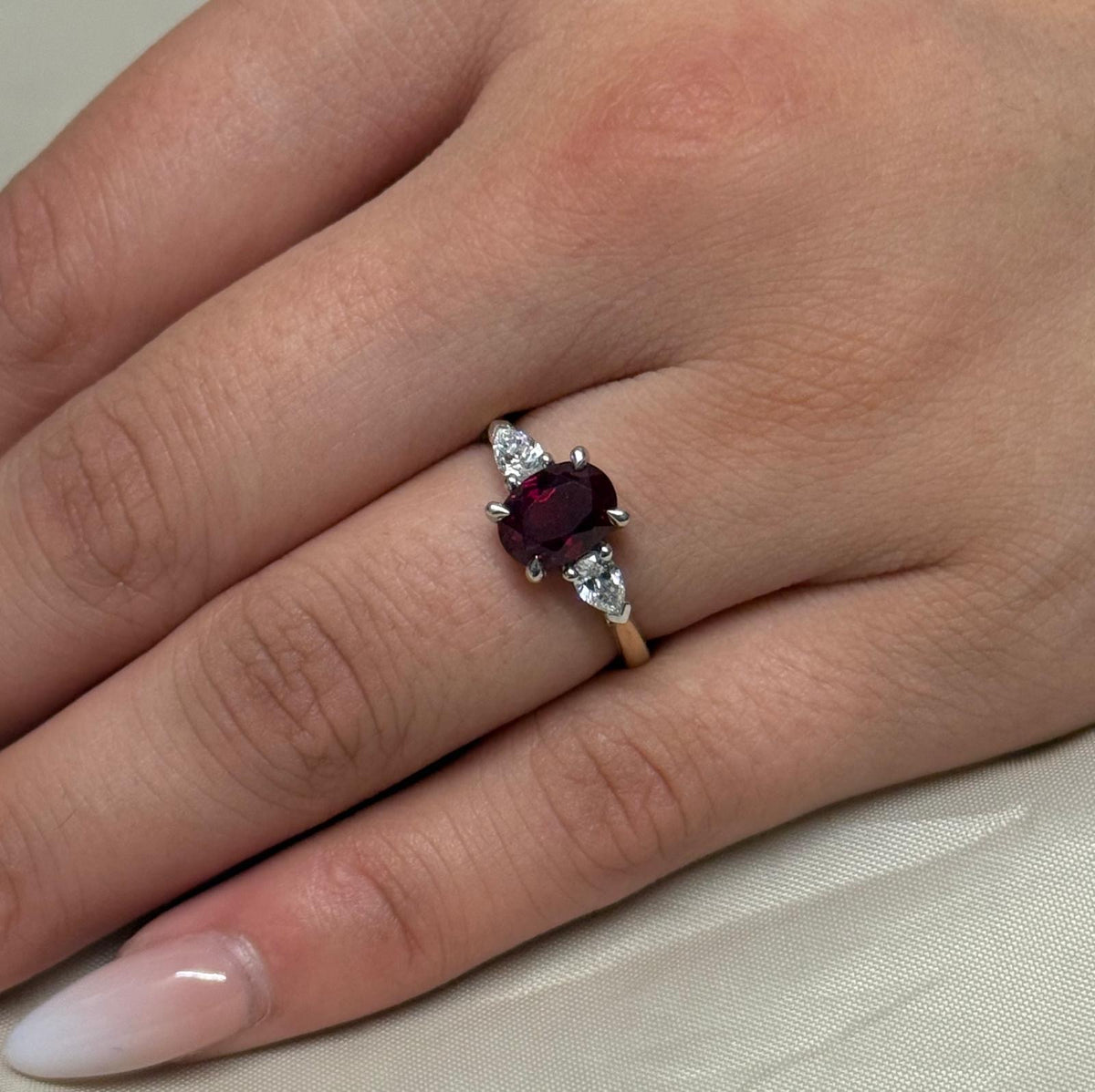9ct Yellow Gold Lab Grown Ruby and Diamond Oval and Pear Three Stone Ring