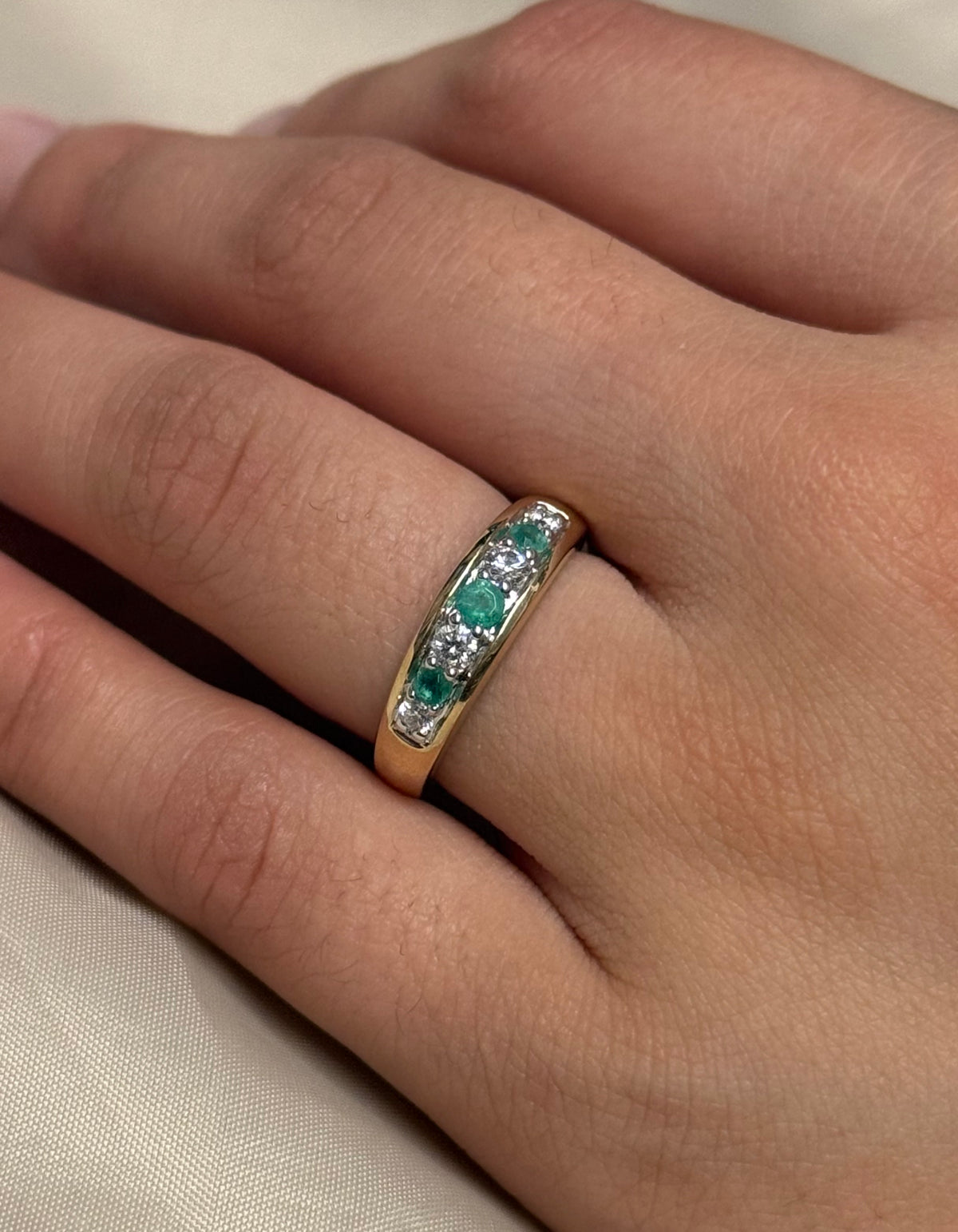 9K Yellow Gold Emerald and Diamond Gypsy Ring