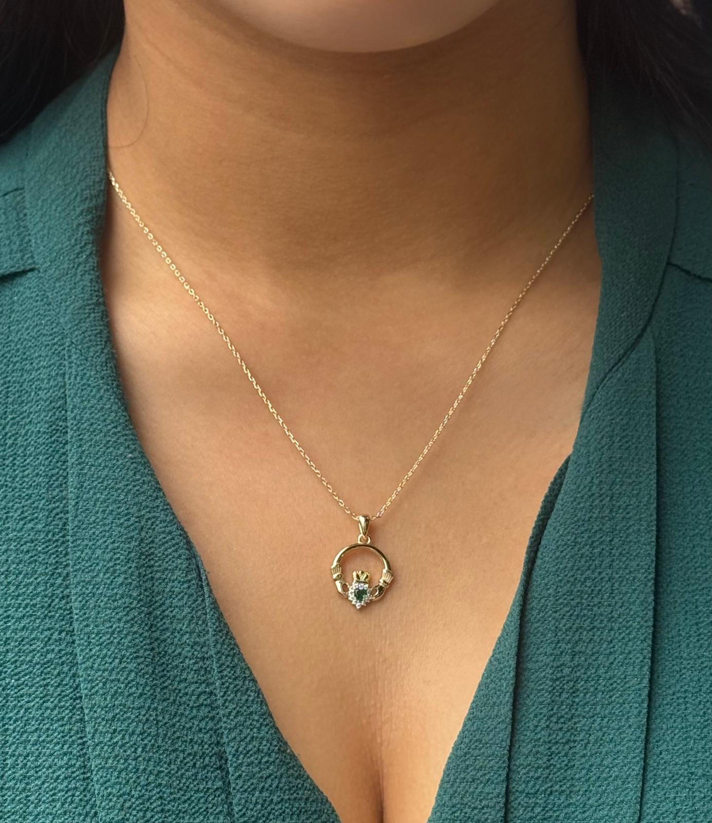 Gold Plated Sterling Silver Green Stone Claddagh Pendant with Halo