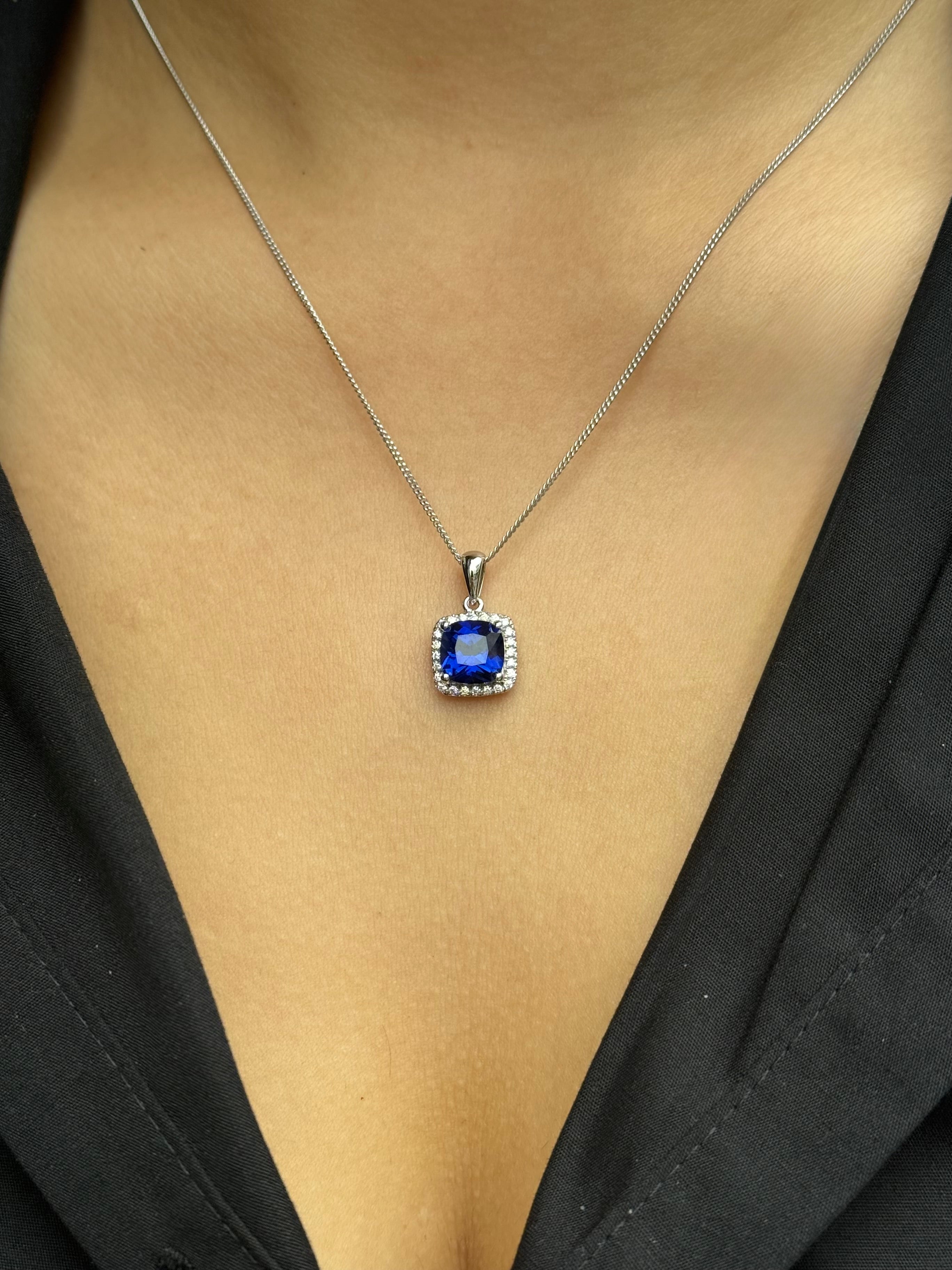 Sterling Silver Blue Cz Cushion Halo Pendant