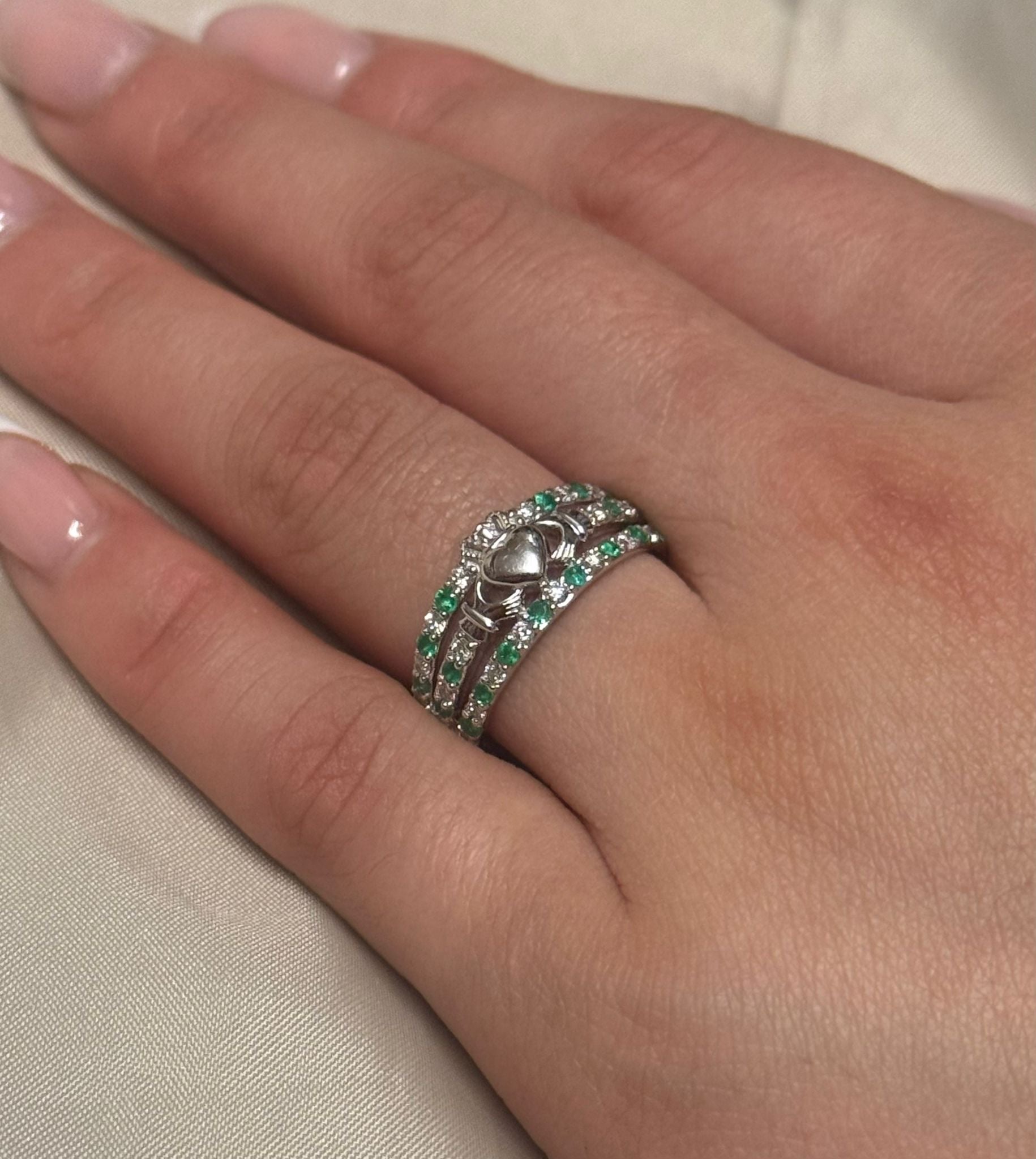 14K White Gold Emerald and Diamond Triple Band Claddagh Ring