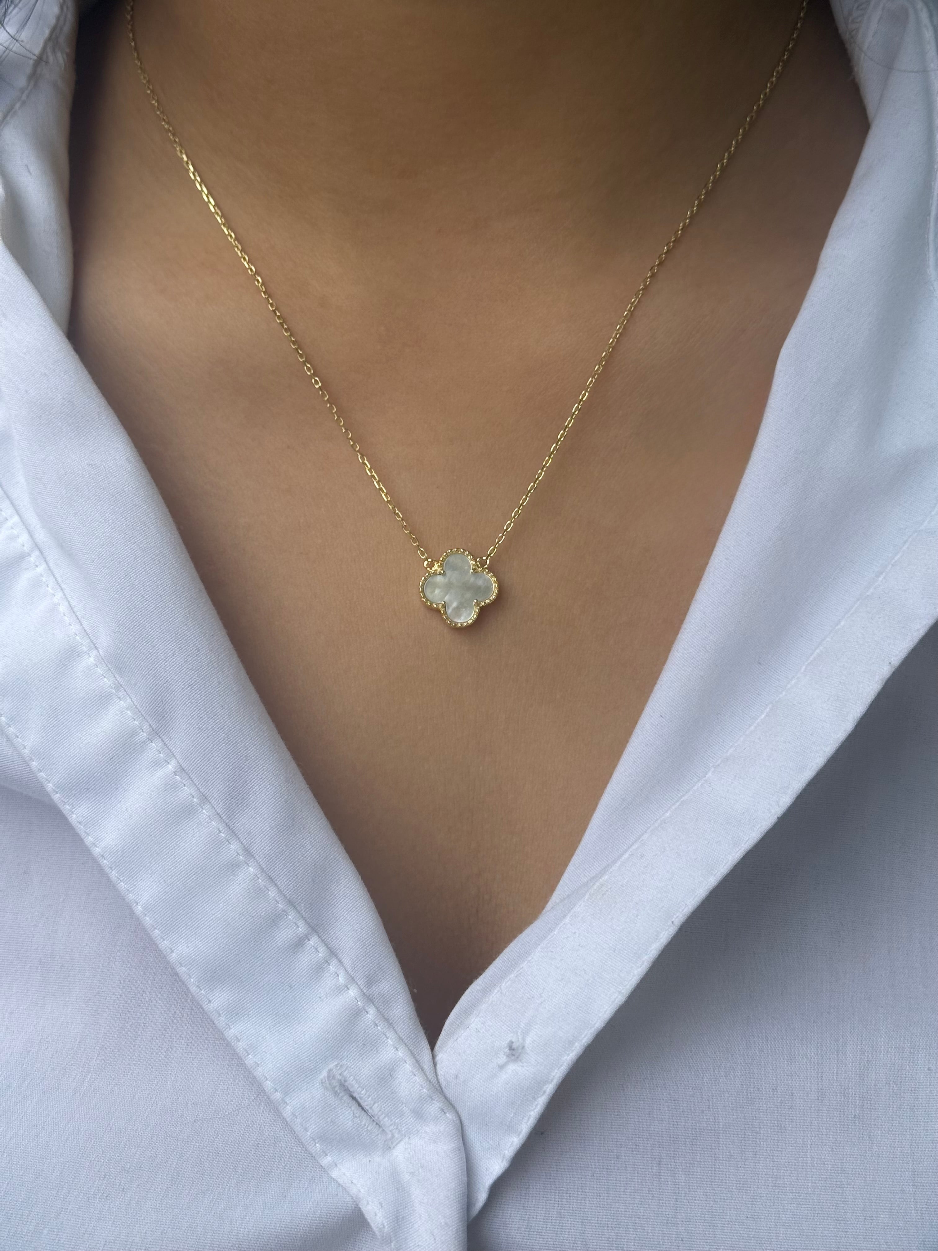 Gold Plated Sterling Silver Mother of Pearl Clover Necklace
