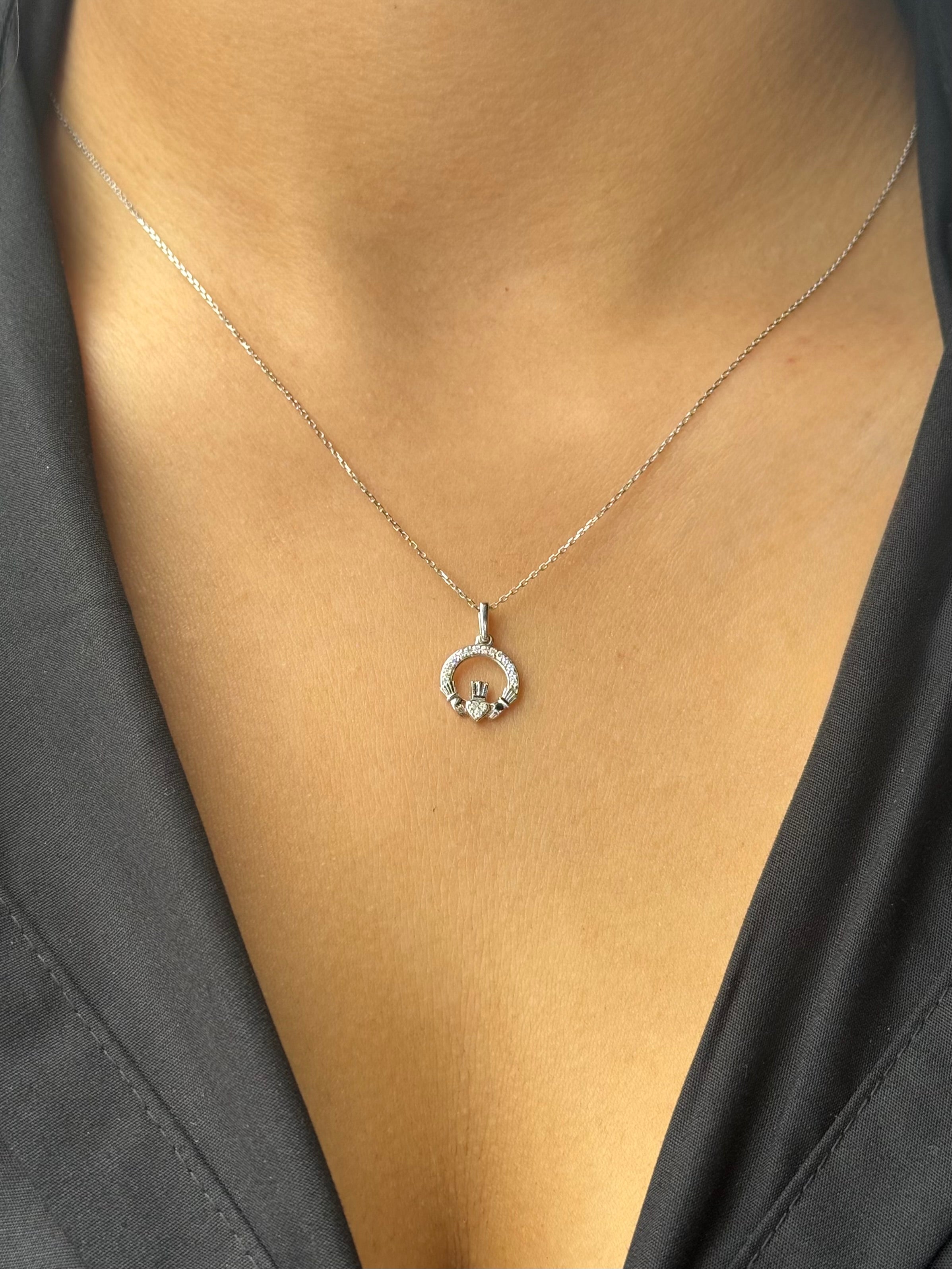 9ct White Gold Diamond Claddagh Small Pendant