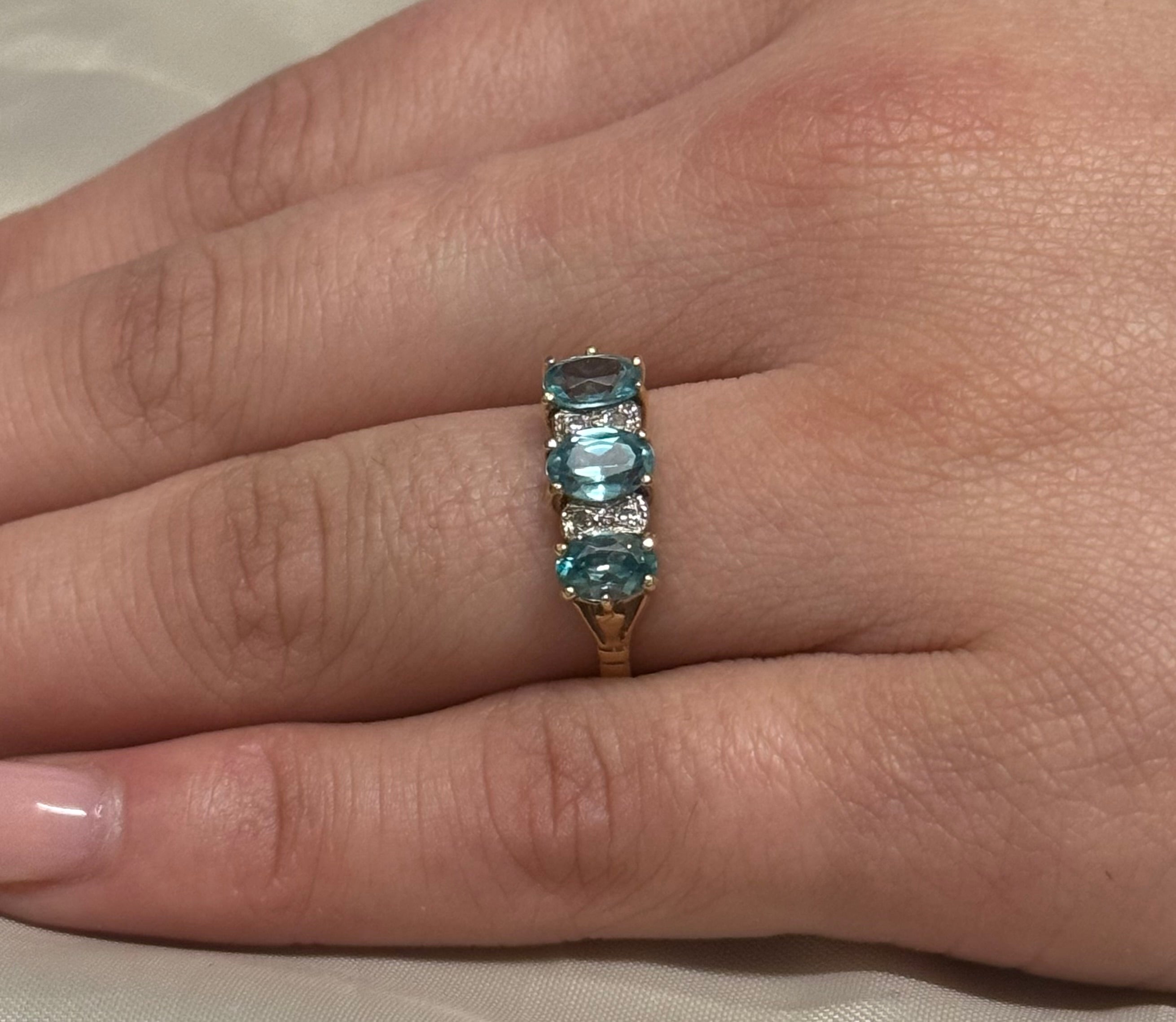 9K Yellow Gold Blue Topaz and Diamond Three Stone