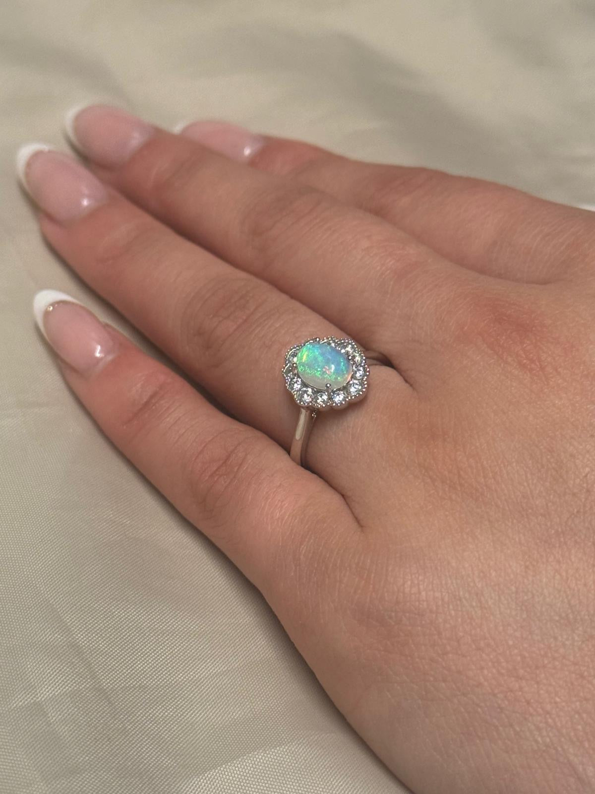 9K White Gold Opal and CZ Cluster Ring