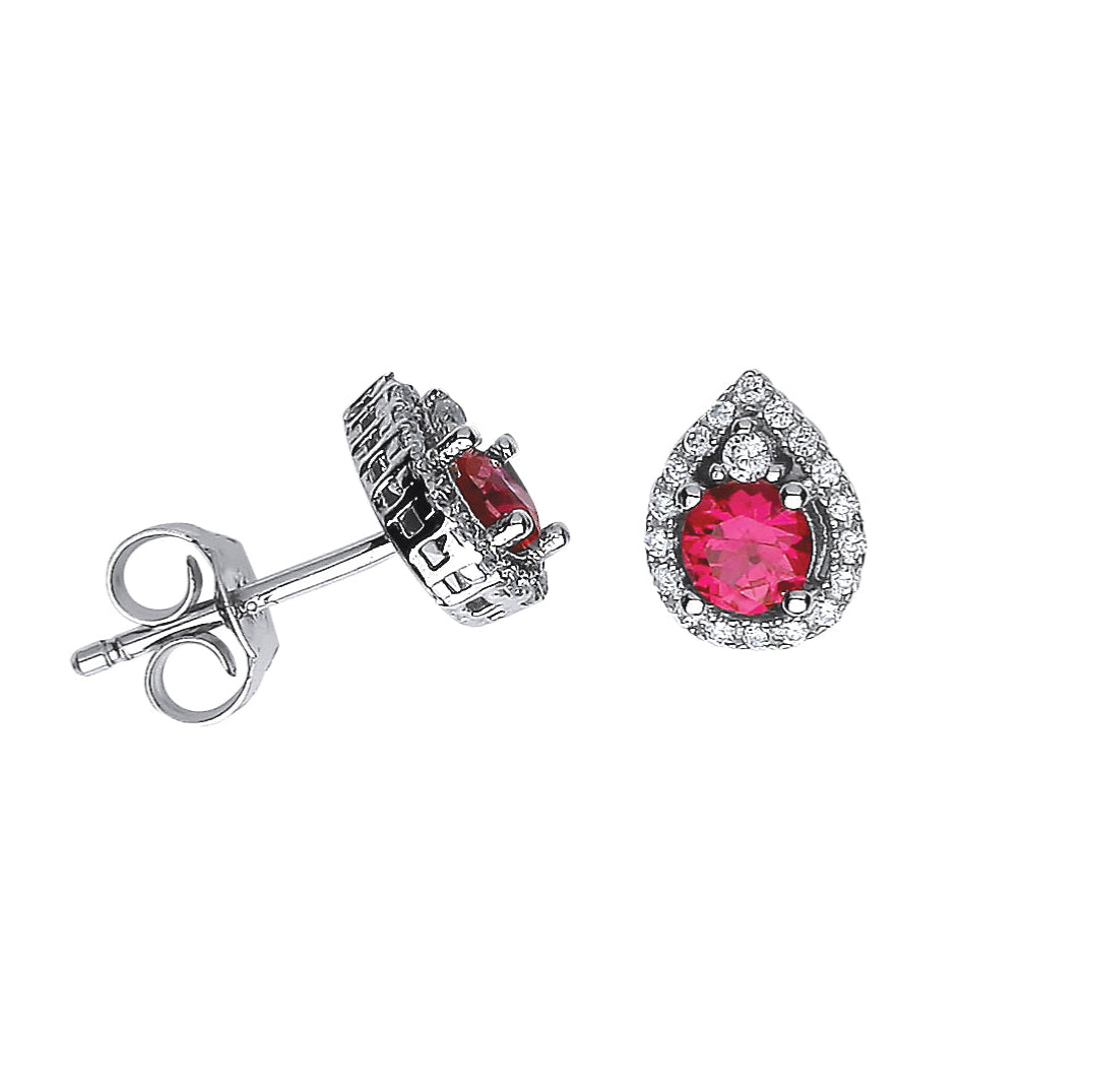 Sterling Silver Red Pear Halo Stud Earrings