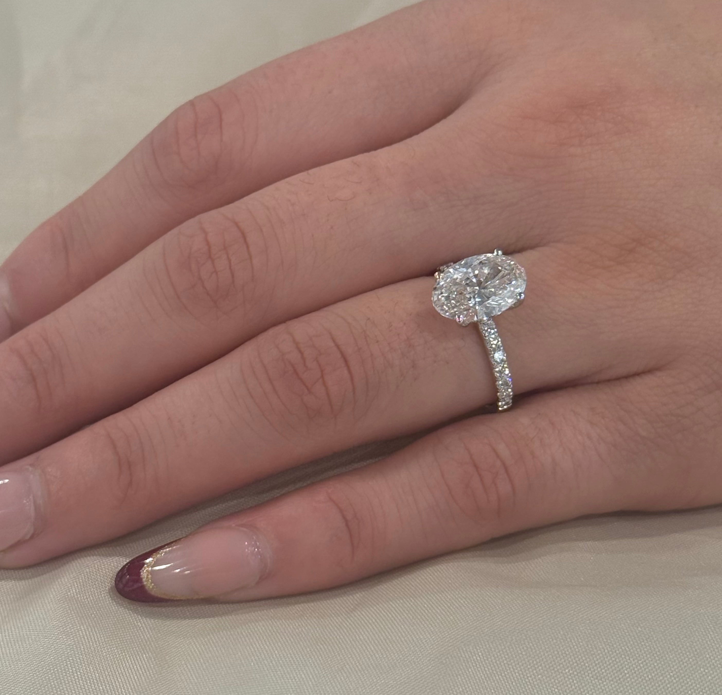 9K White Gold 3.40ct Oval Laboratory Grown Solitaire with Hidden Halo and Diamond Band