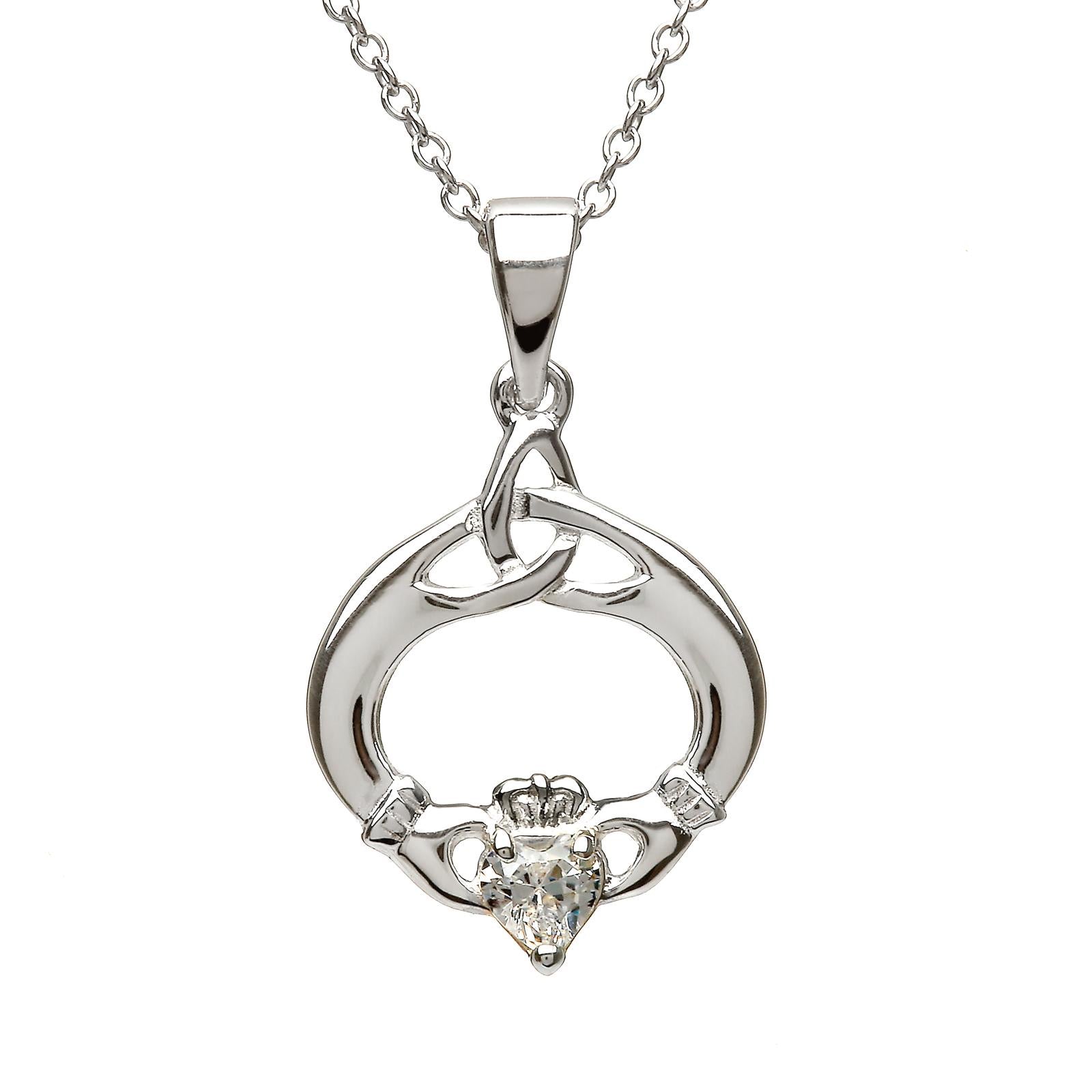 Sterling Silver April Birthstone Claddagh Pendant