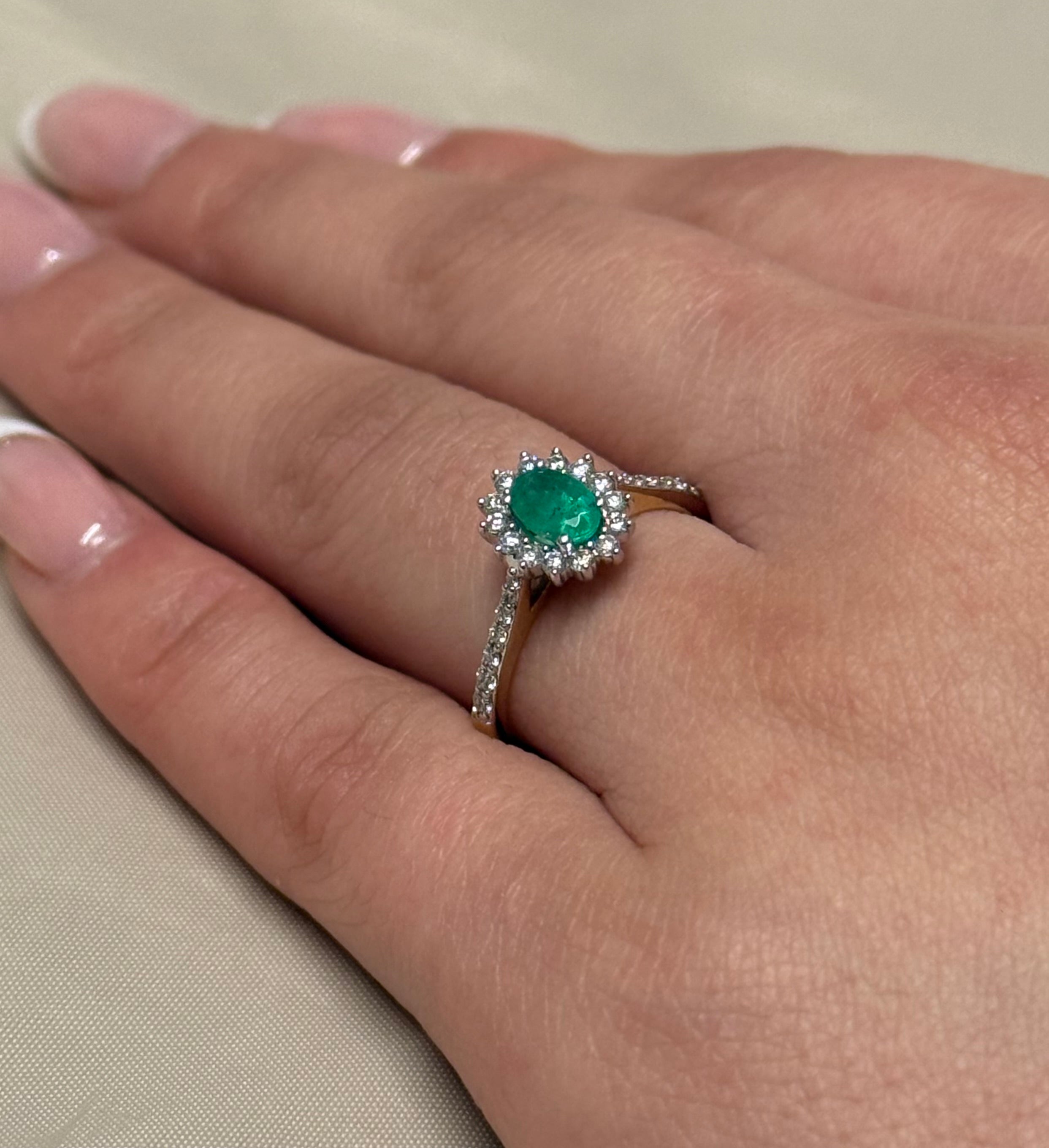 9K Yellow Gold Emerald and Diamond Cluster with Diamond Band