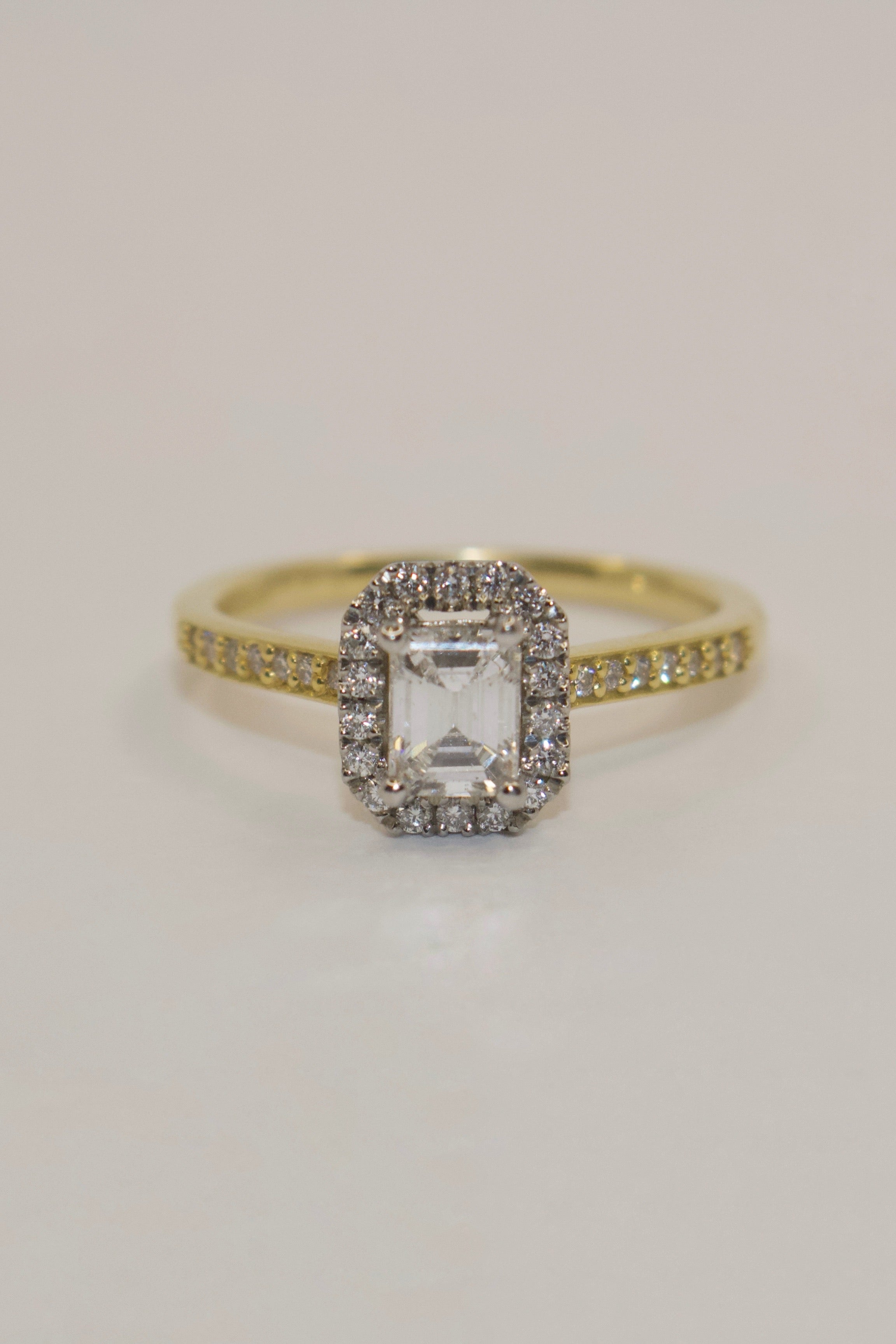 18K Yellow Gold Emerald Cut Halo with Diamond Band
