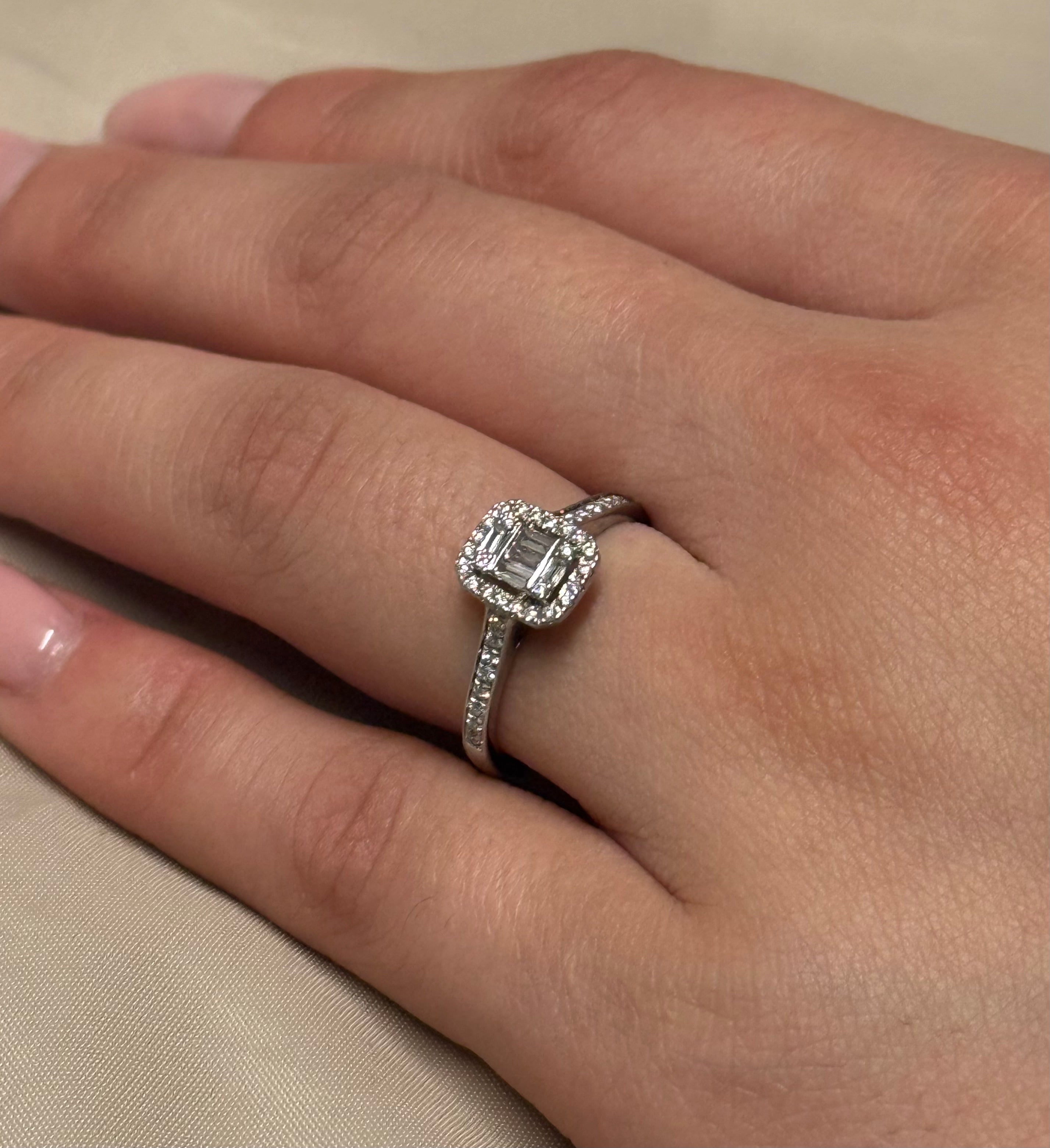 9K White Gold Emerald Cut Halo with Diamond Band