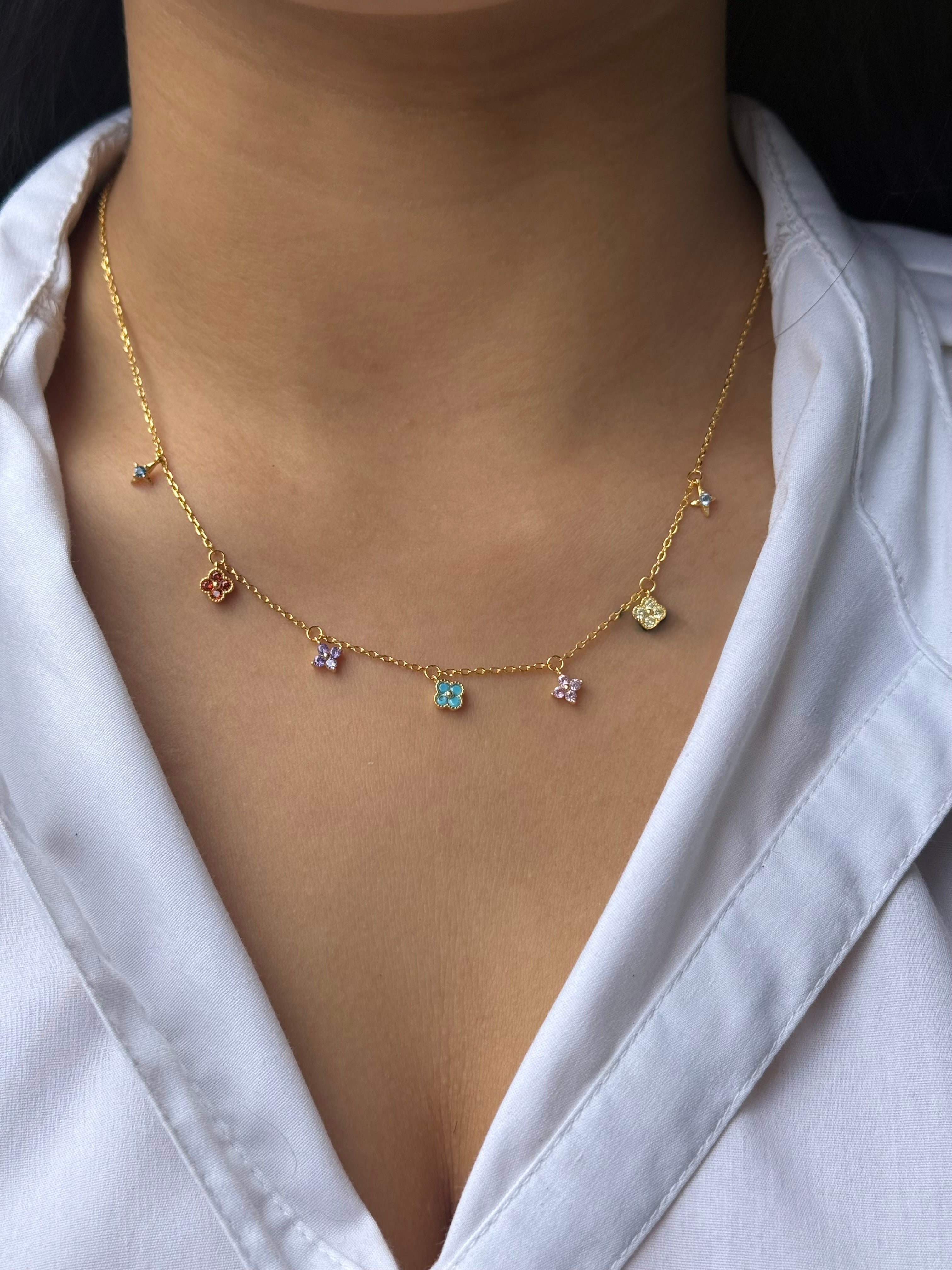 Gold Plated Sterling Silver Multicolour Clover & Flower Necklace