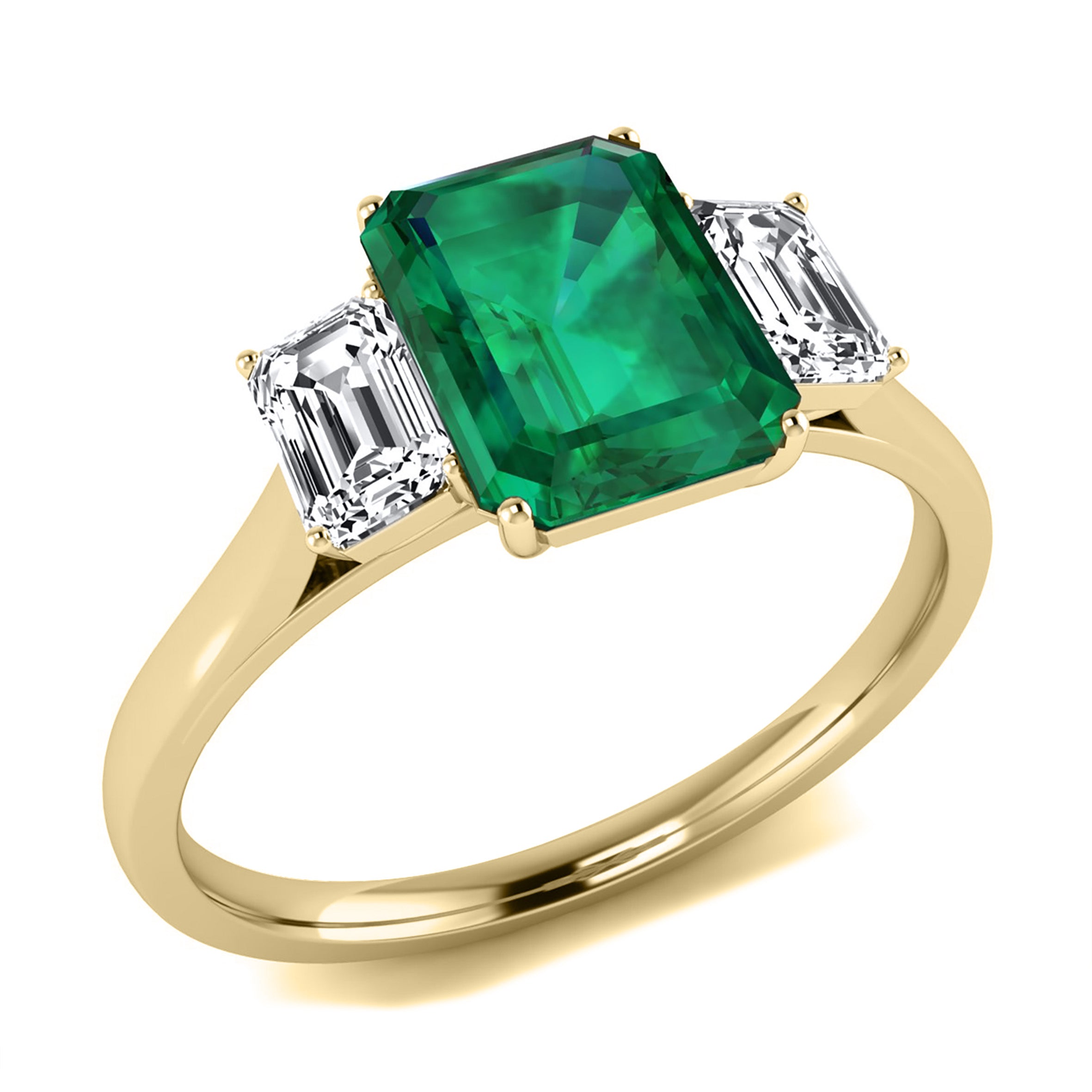 9K Yellow Gold Emerald Cut Emerald and Diamond Three Stone