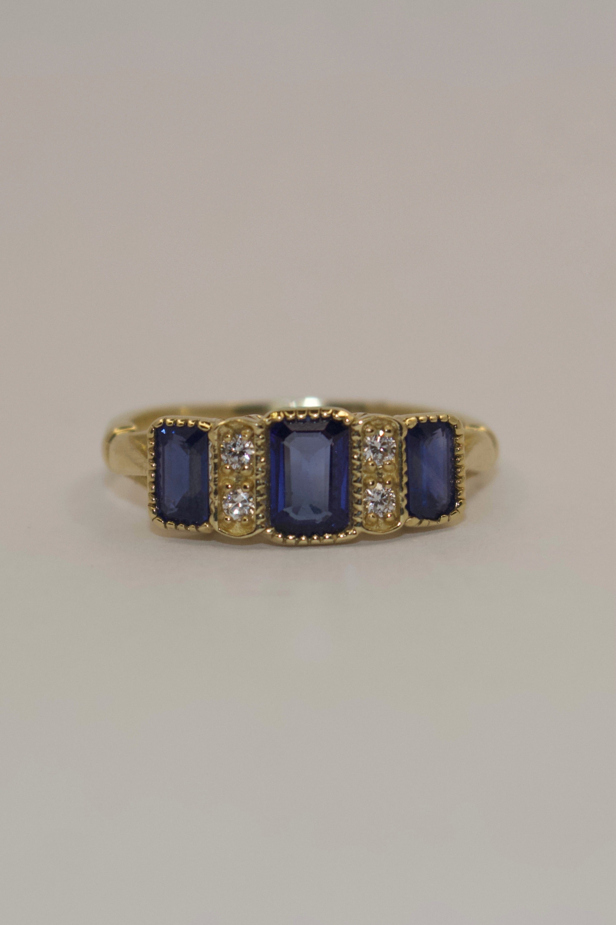 9ct Yellow Gold Vintage Style 3 Stone Sapphire and Diamond Ring