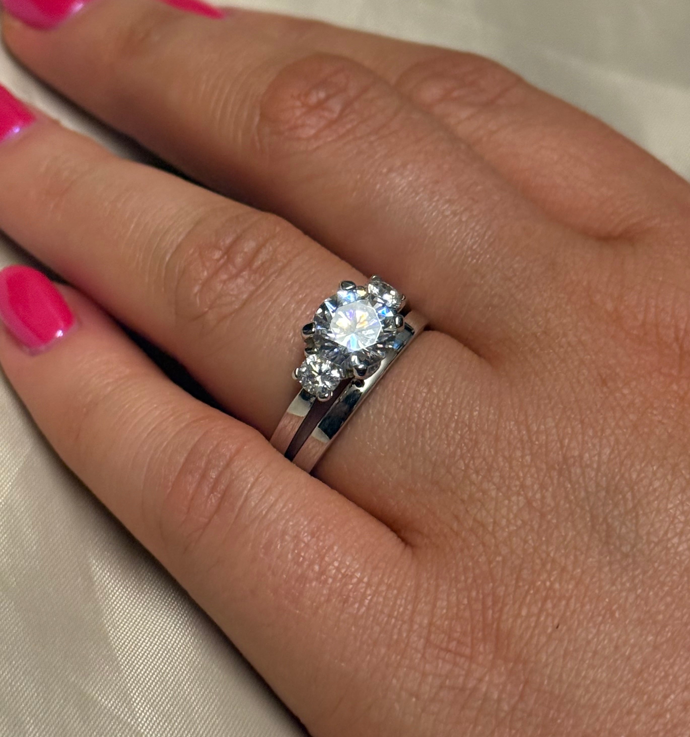 Sterling Silver Three Stone CZ Ring with Plain Band Set