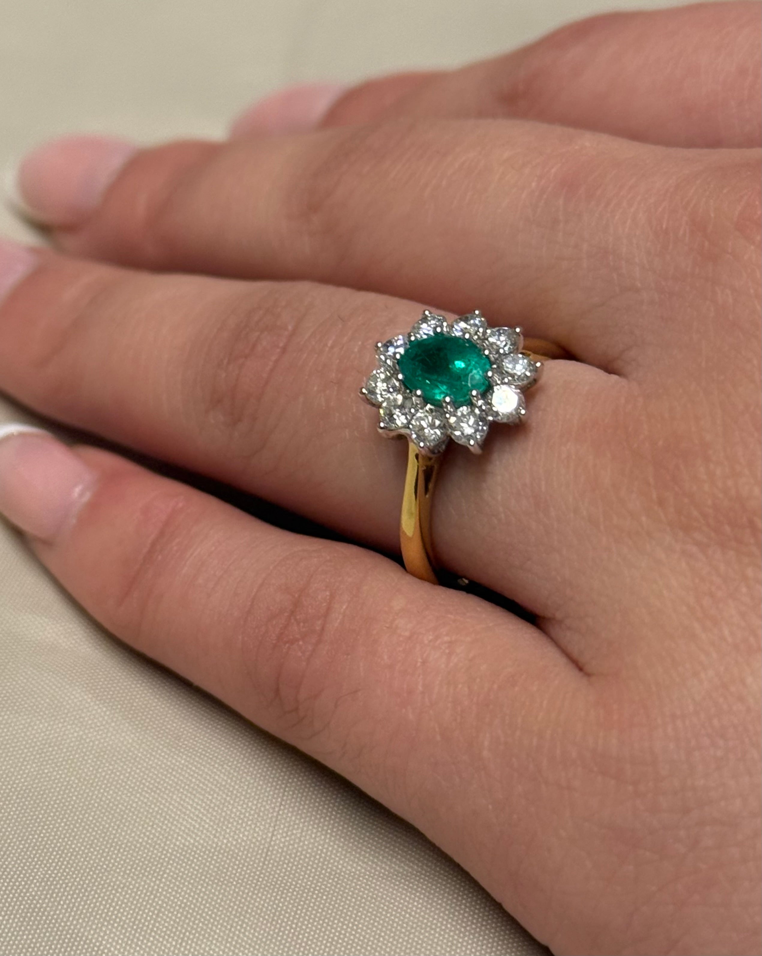 18K Yellow Gold Medium Emerald and Diamond Cluster Ring