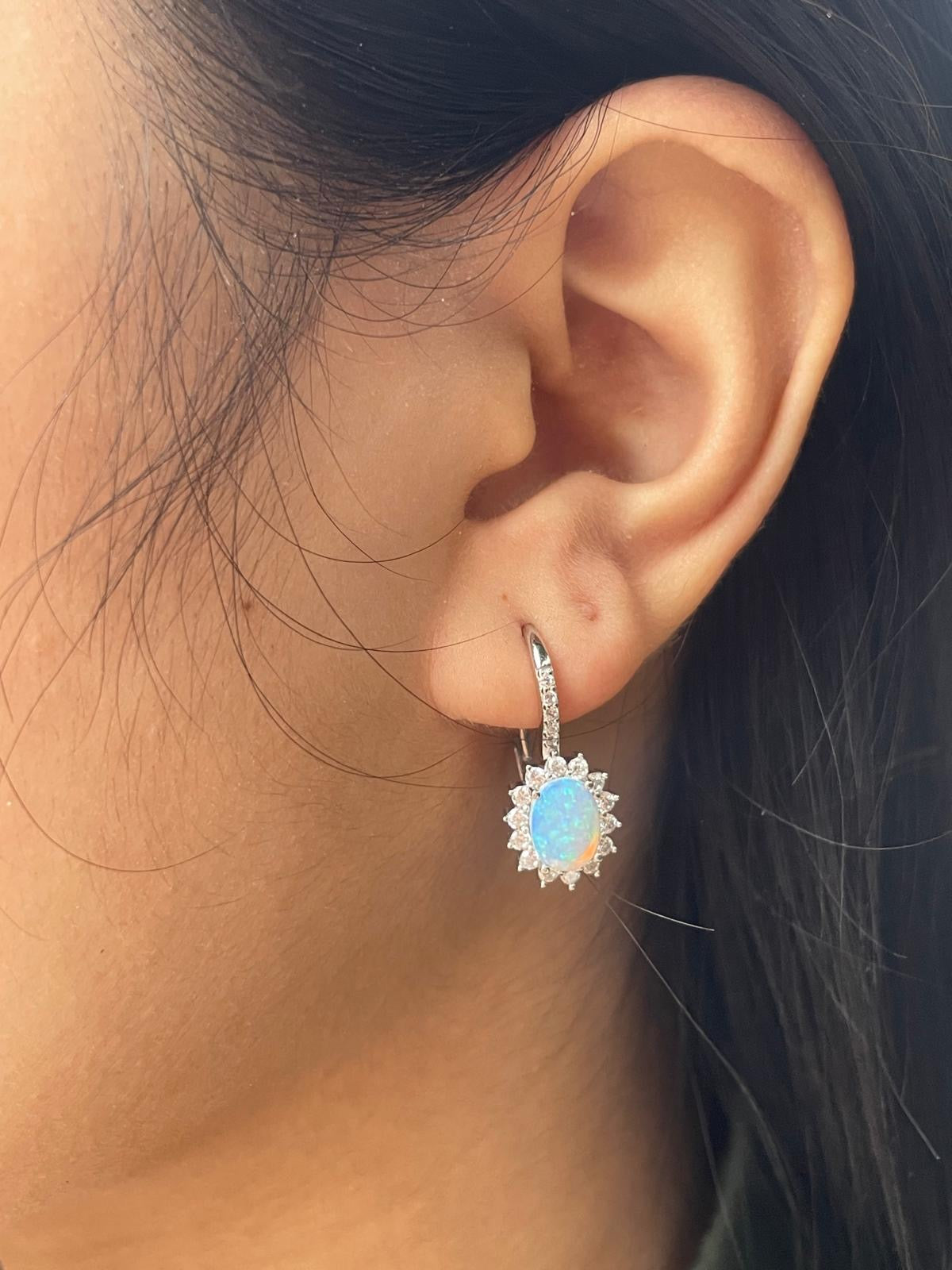Sterling Silver Opal Cz Cluster Drop Earrings