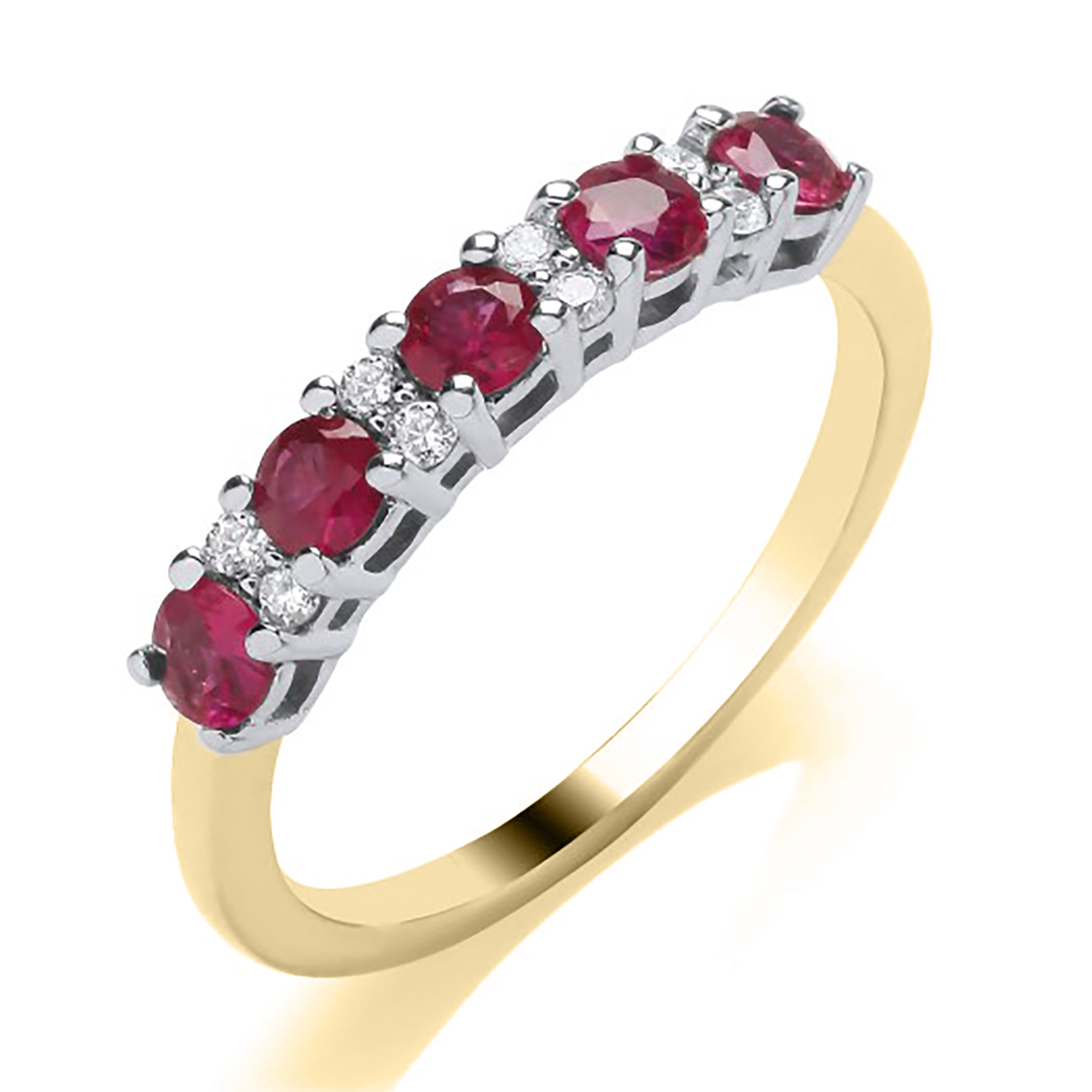 9K Yellow Gold Five Stone Ruby Ring with Diamond Accents