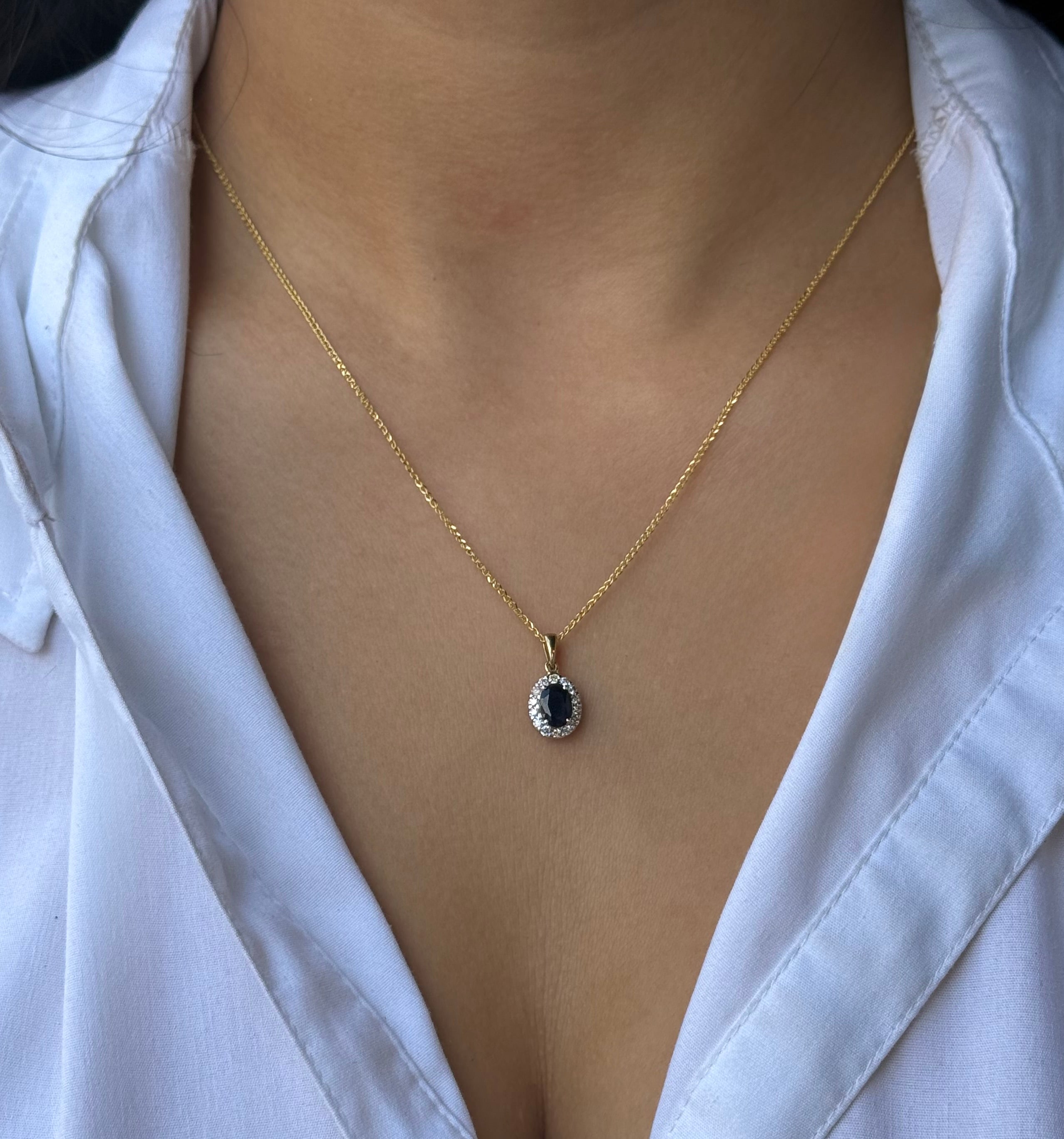 9ct Yellow Gold Sapphire & Diamond Oval Halo Necklace
