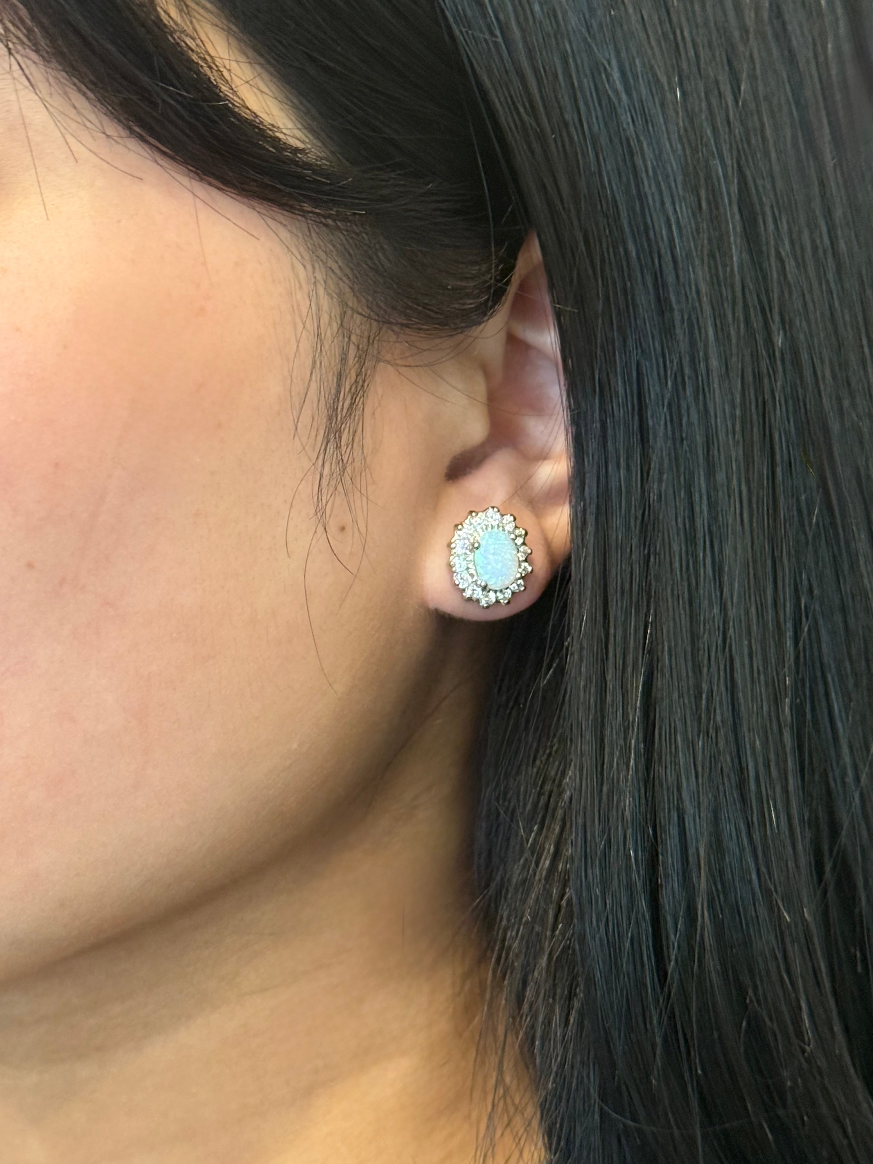 Sterling Silver Opal & Cubic Zirconia Cluster Stud Earrings
