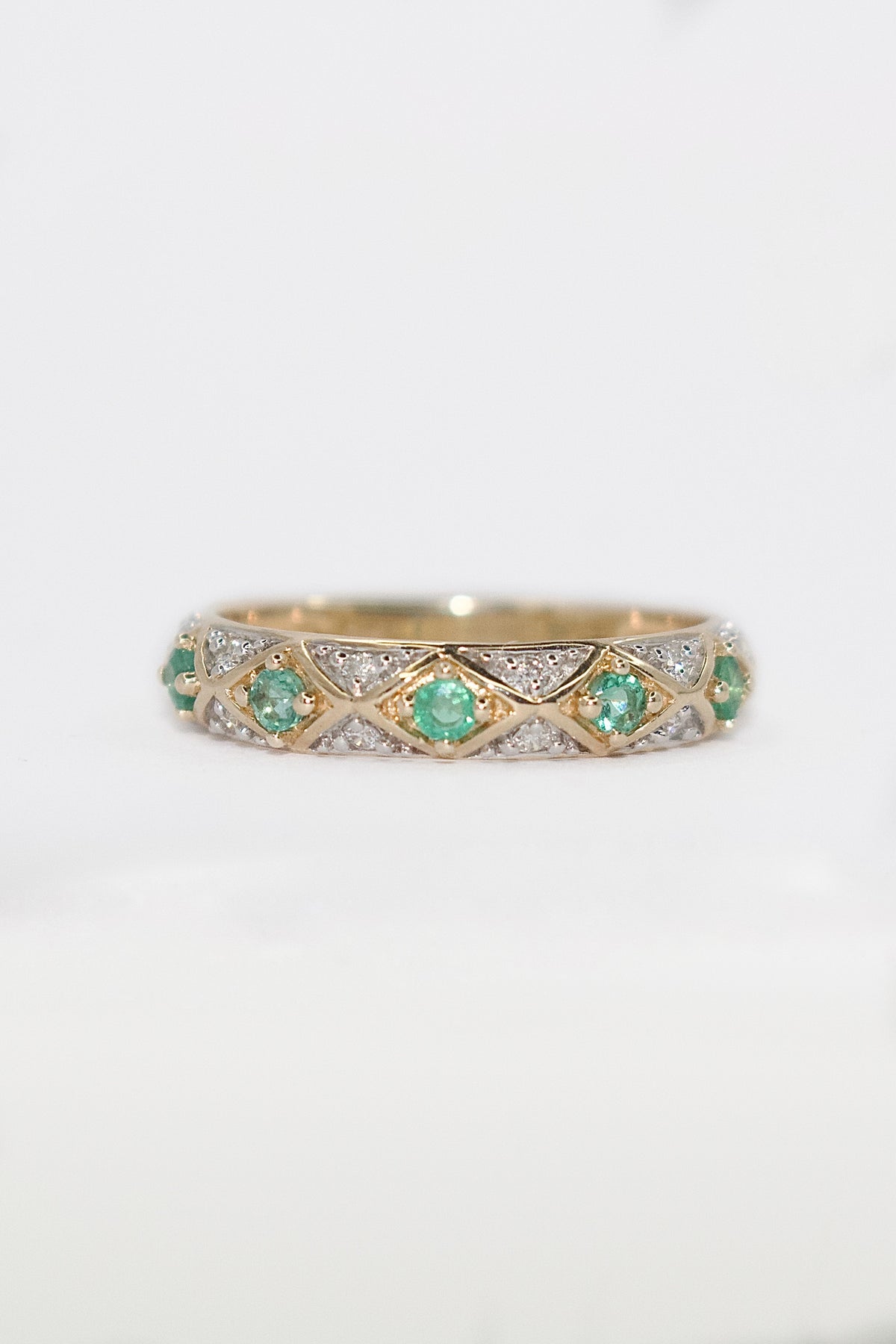 9K Yellow Gold Emerald and Diamond Vintage Style Band