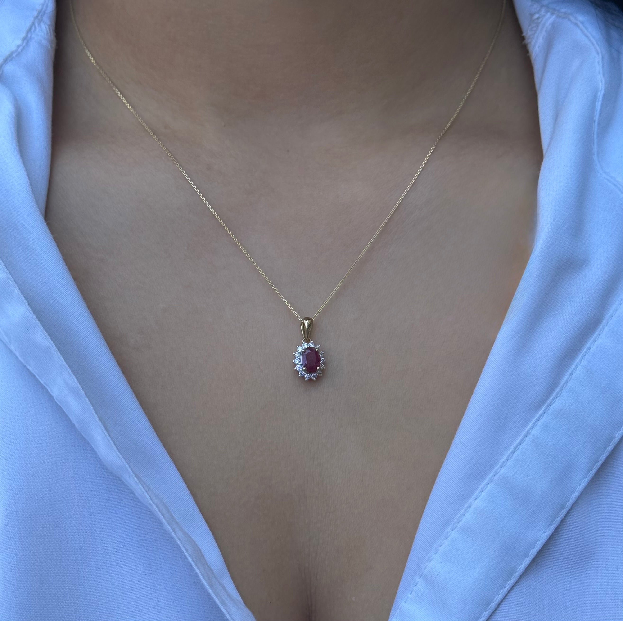 9ct Yellow Gold Ruby & Diamond Cluster Necklace