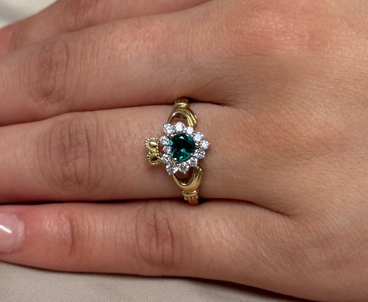 9K Yellow Gold Laboratory Grown Emerald Claddagh with Diamond Halo