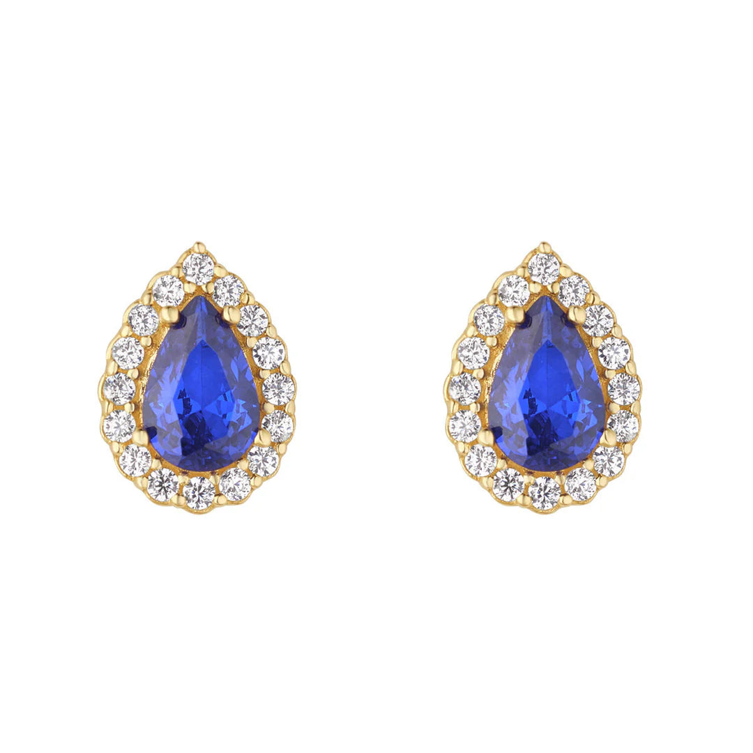 9ct Yellow Gold Small Blue Cz Pear Studs