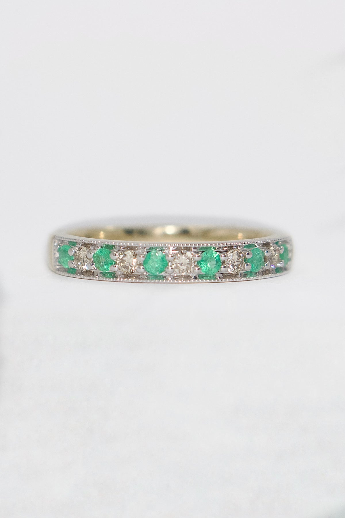 9K Yellow Gold Emerald and Diamond Milgrain Set Band
