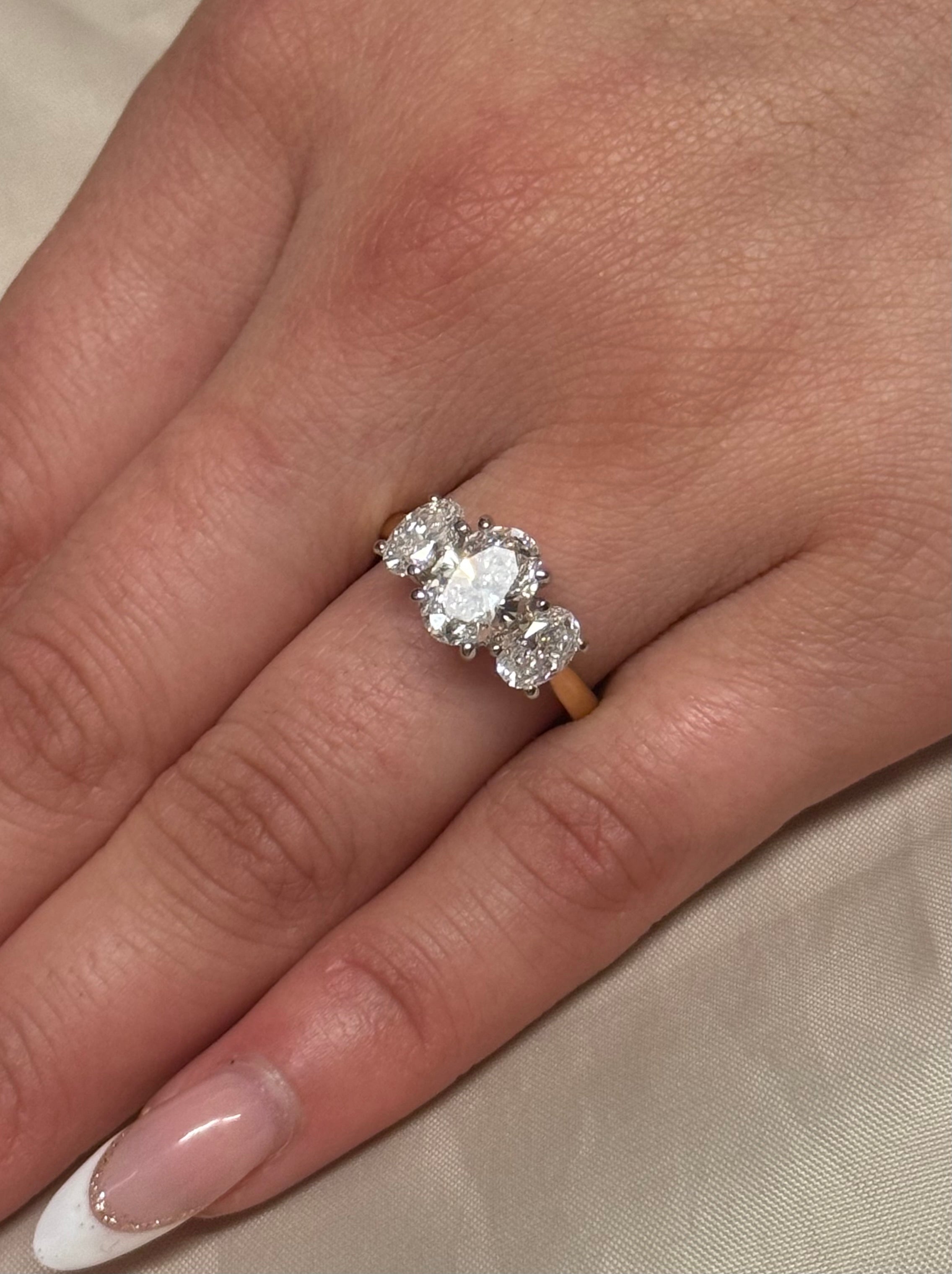 18K Yellow Gold 2.58ct Oval Laboratory Grown Diamond Three Stone Ring