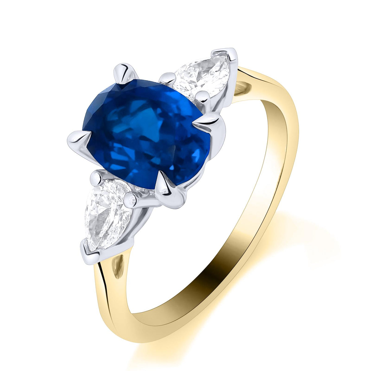 9ct Yellow Gold Lab Grown Ruby and Diamond Oval and Pear Three Stone Ring