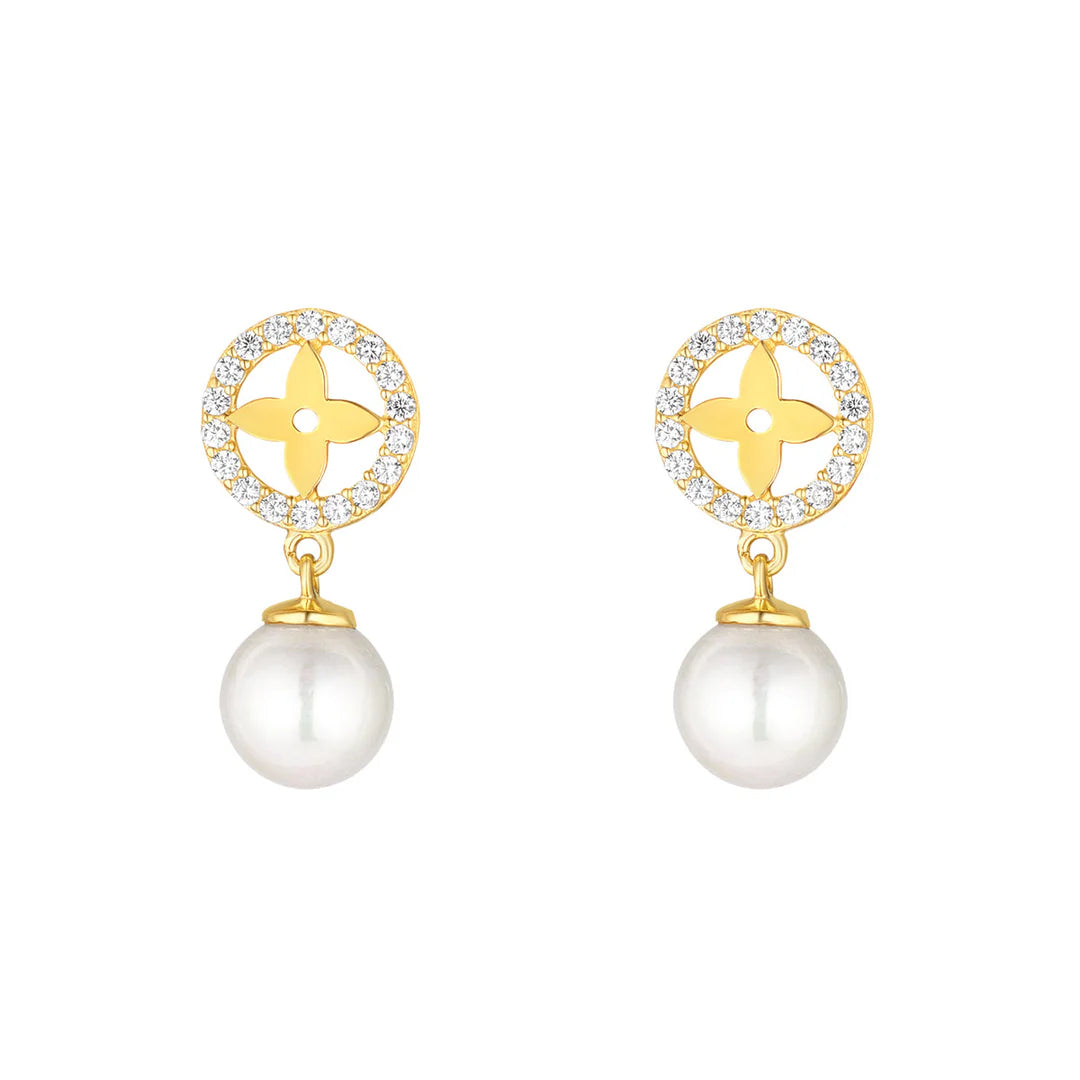 Yellow Gold Plated Sterling Silver Quatrefoil Pearl Drop Earrings