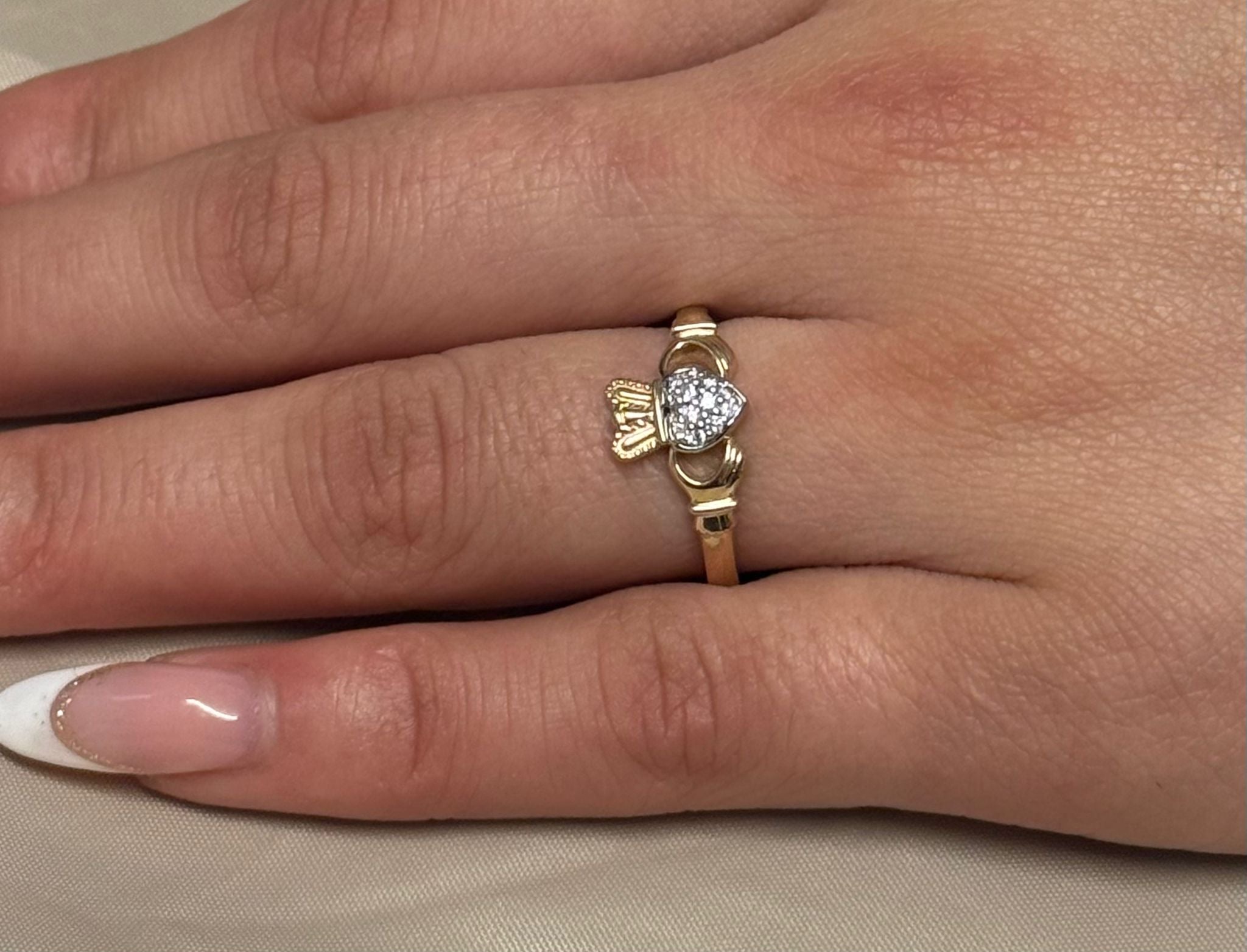 9K Yellow Gold Diamond Heart Claddagh Ring