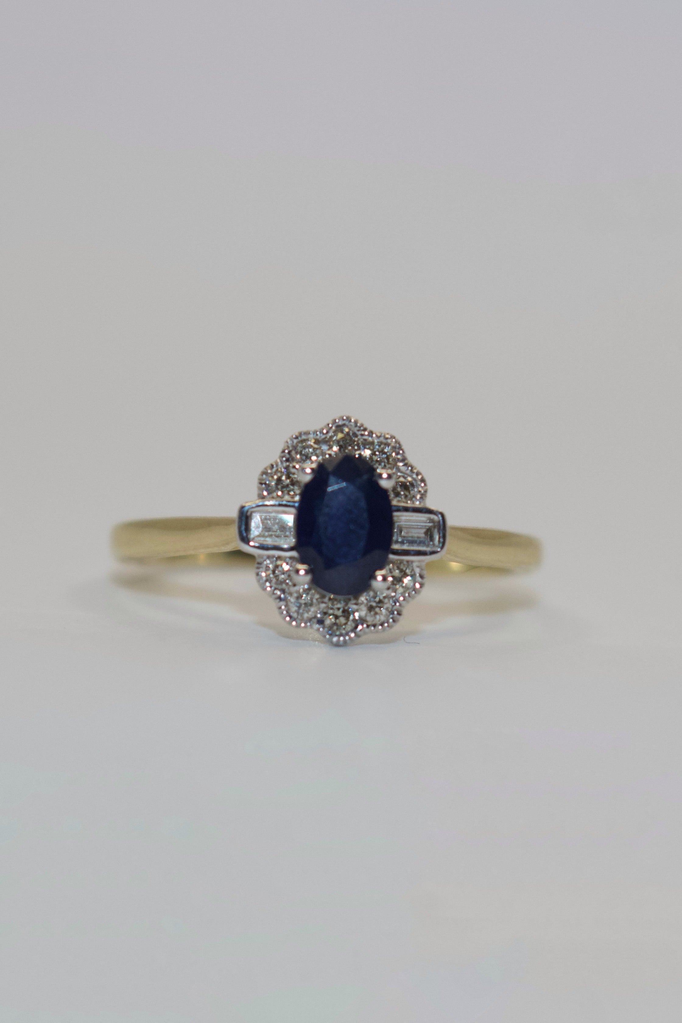 9ct Yellow Gold Oval Sapphire and Diamond Cluster with Baguette side stones