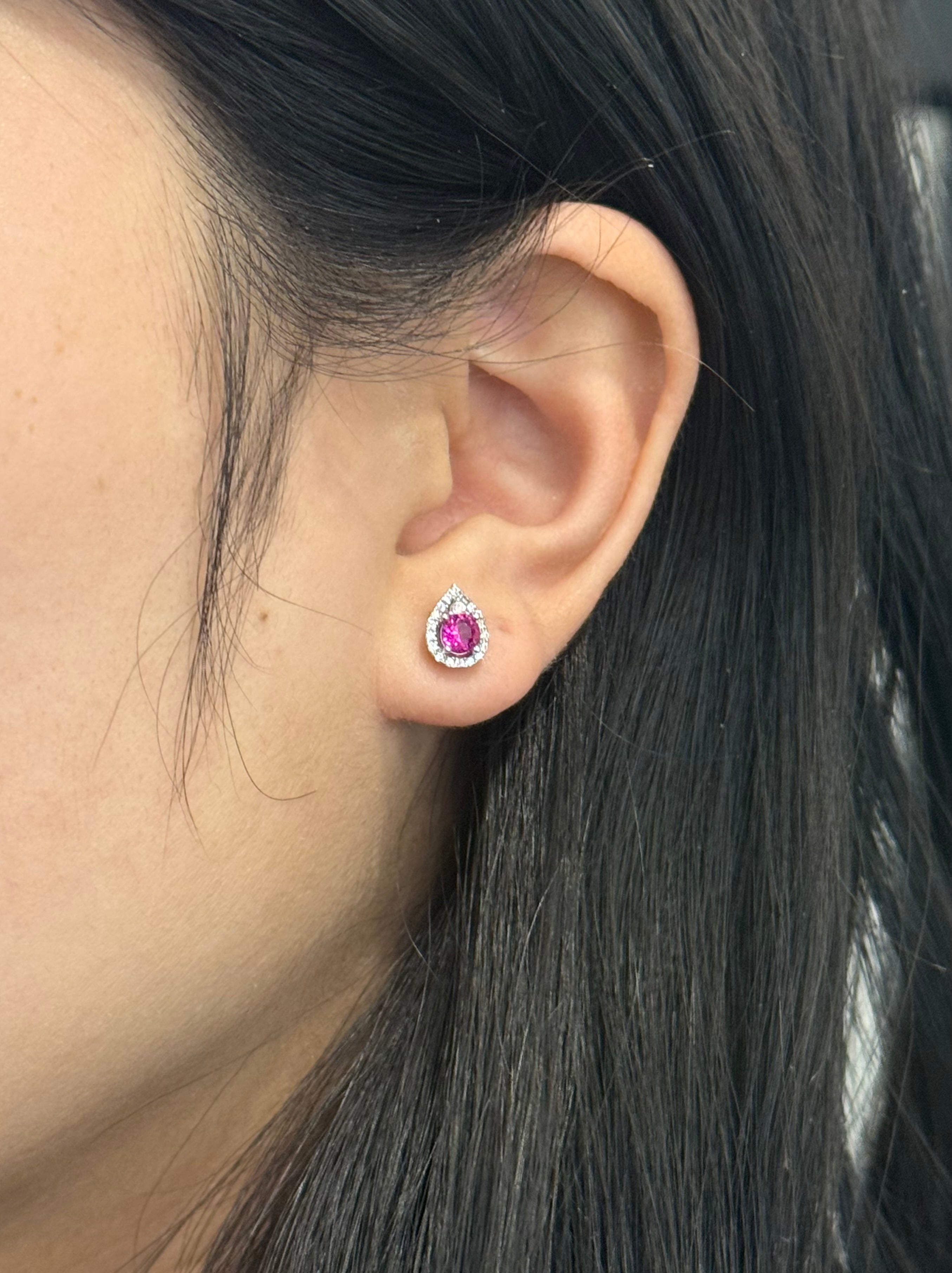 Sterling Silver Red Pear Halo Stud Earrings