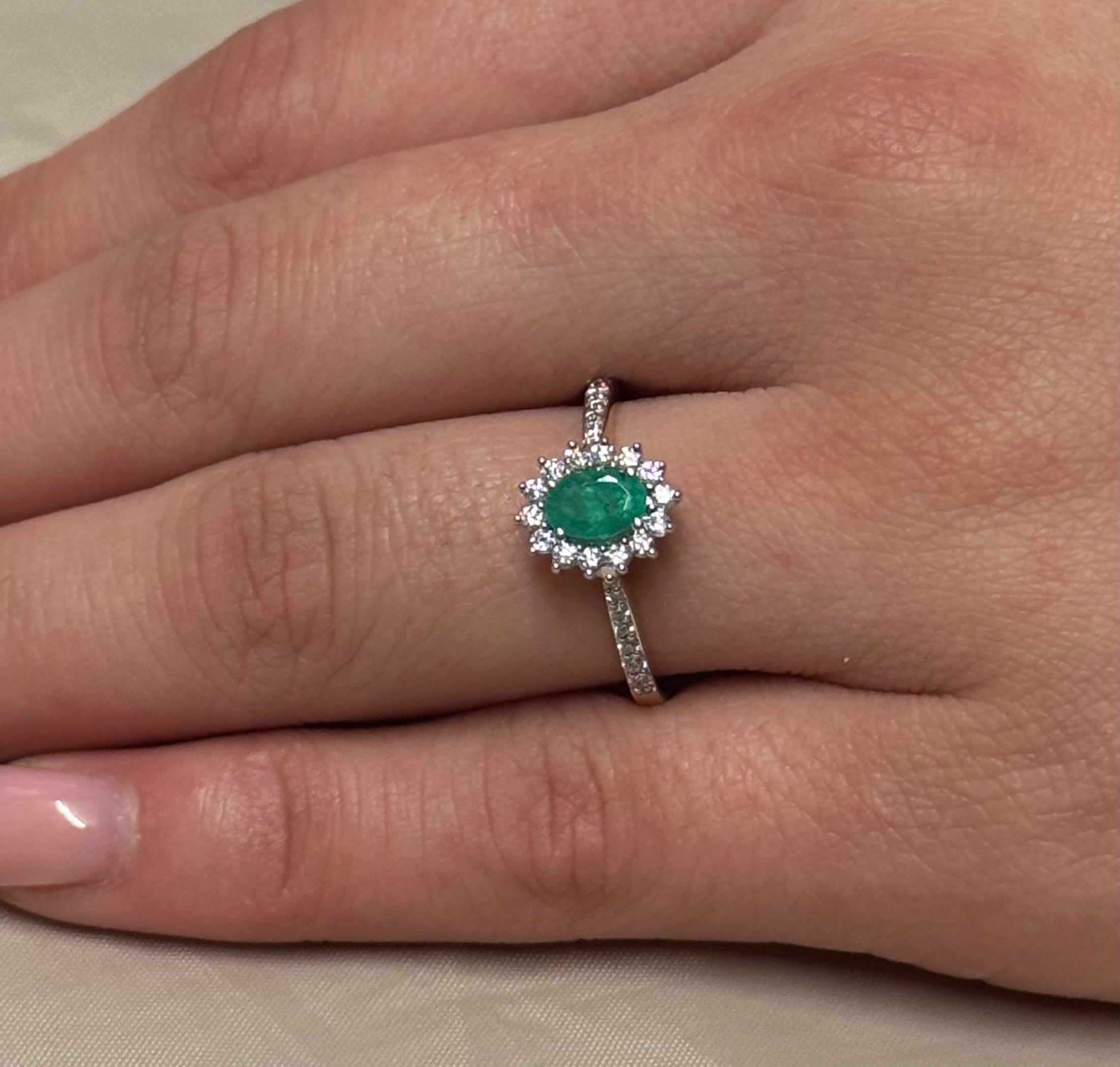 9K Yellow Gold Emerald and Diamond Cluster with Diamond Band