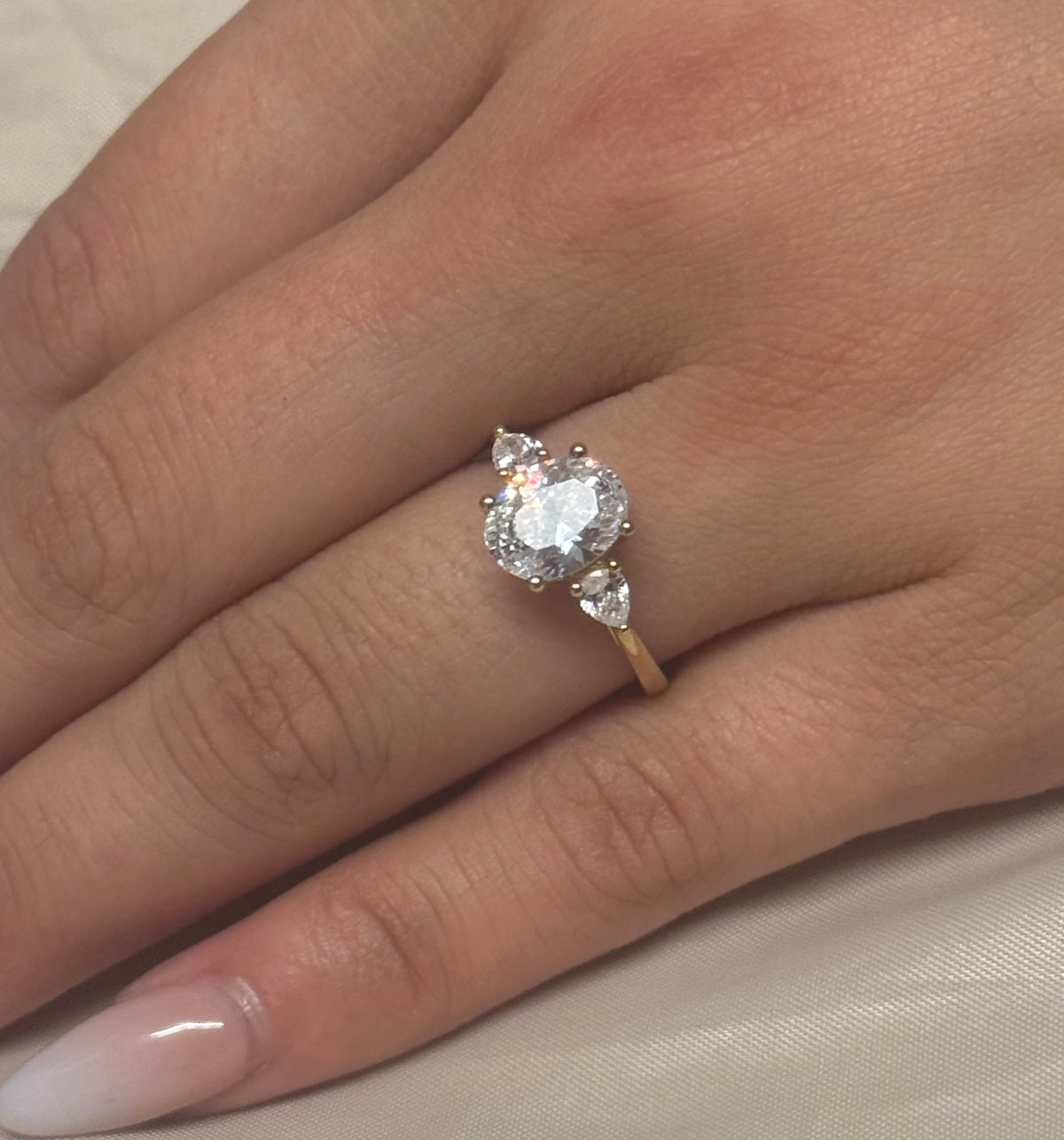 9K Yellow Gold Cz Oval Three Stone with Pear Side Stones
