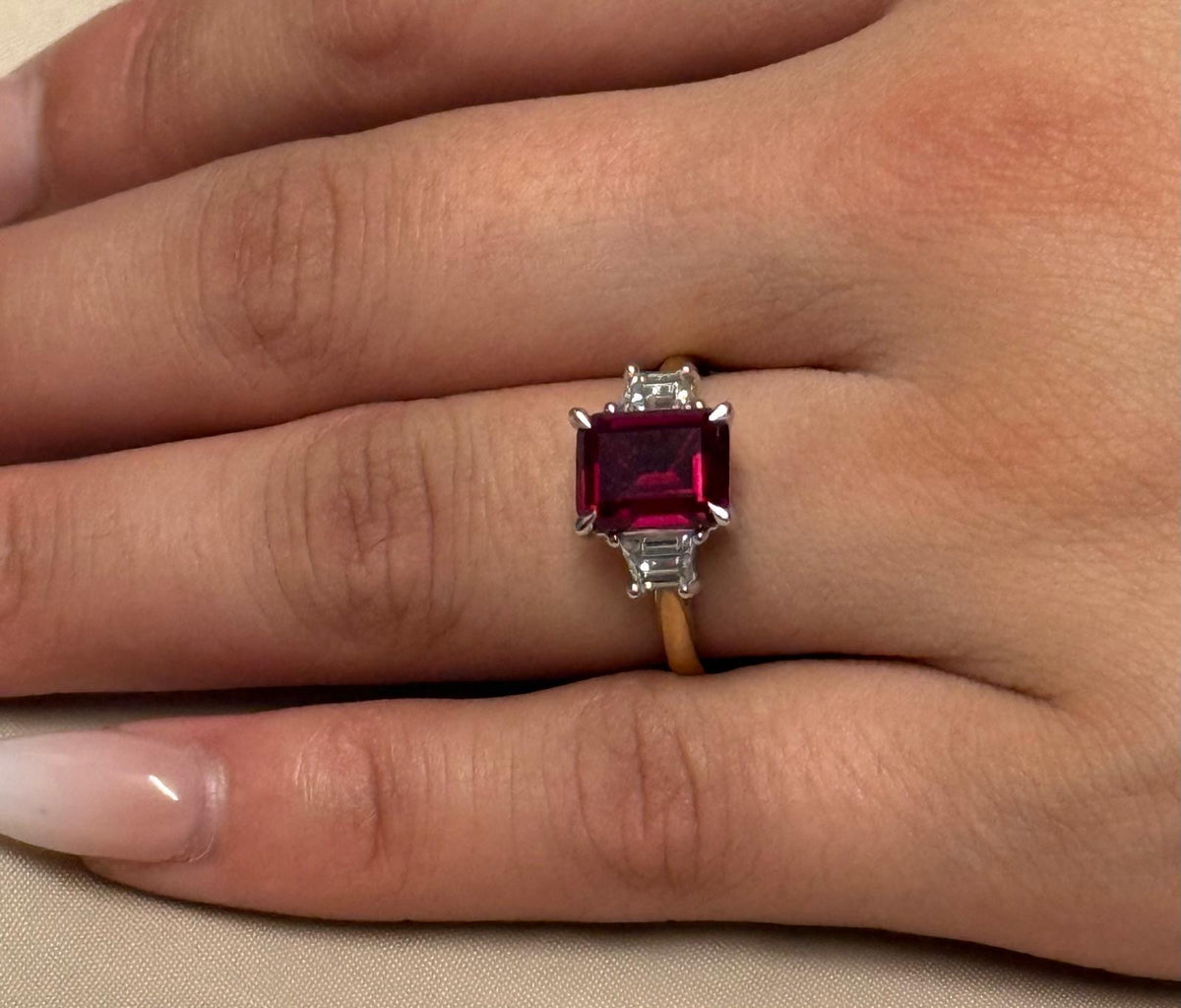 9ct Yellow Gold Lab-Grown Emerald Cut Ruby with Trapezoid Diamond Shoulders