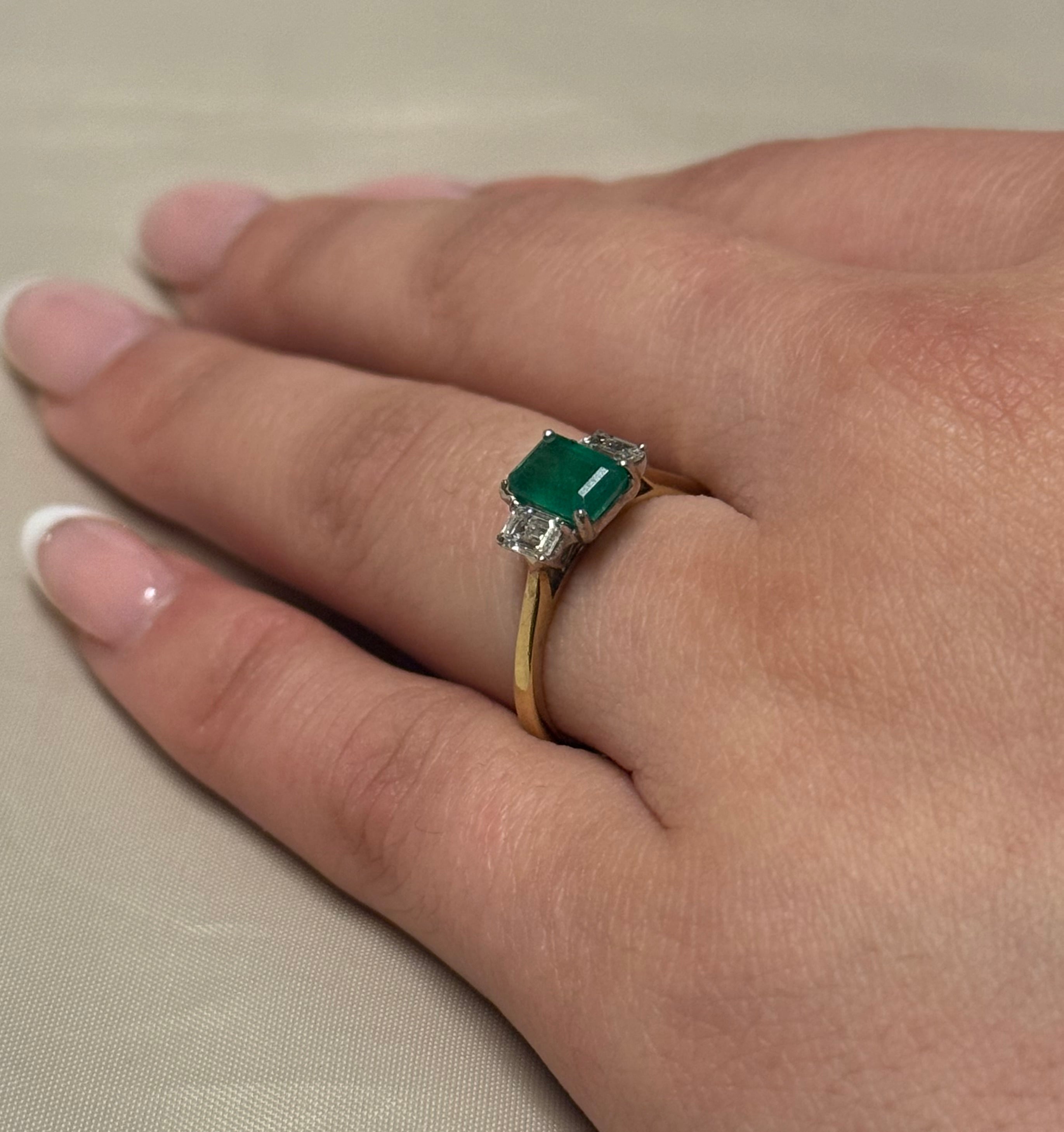 9K Yellow Gold Emerald Cut Emerald and Diamond Three Stone