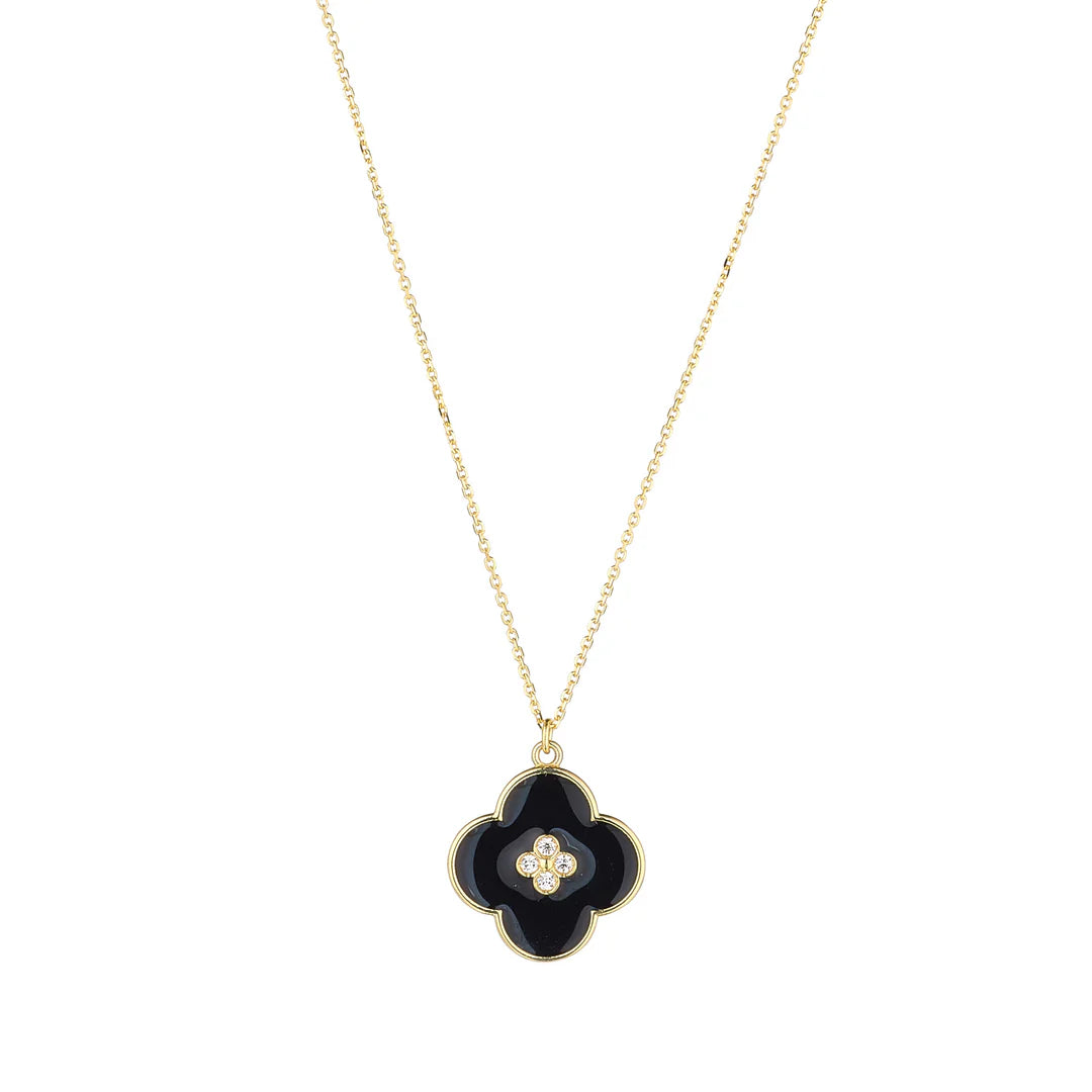 9ct Yellow Gold Black Enamel CZ Clover Pendant