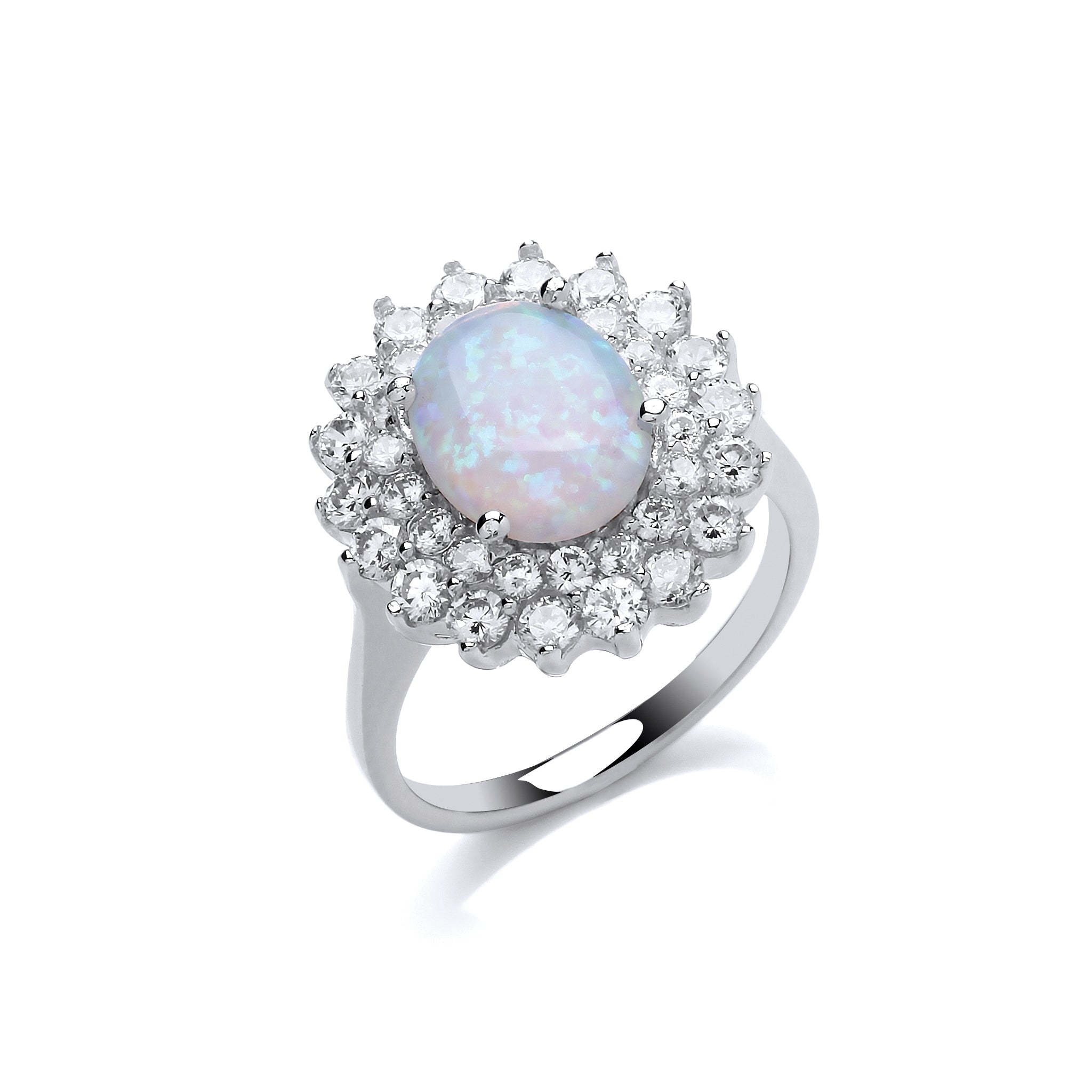 Sterling Silver Opal and CZ Double Cluster Ring