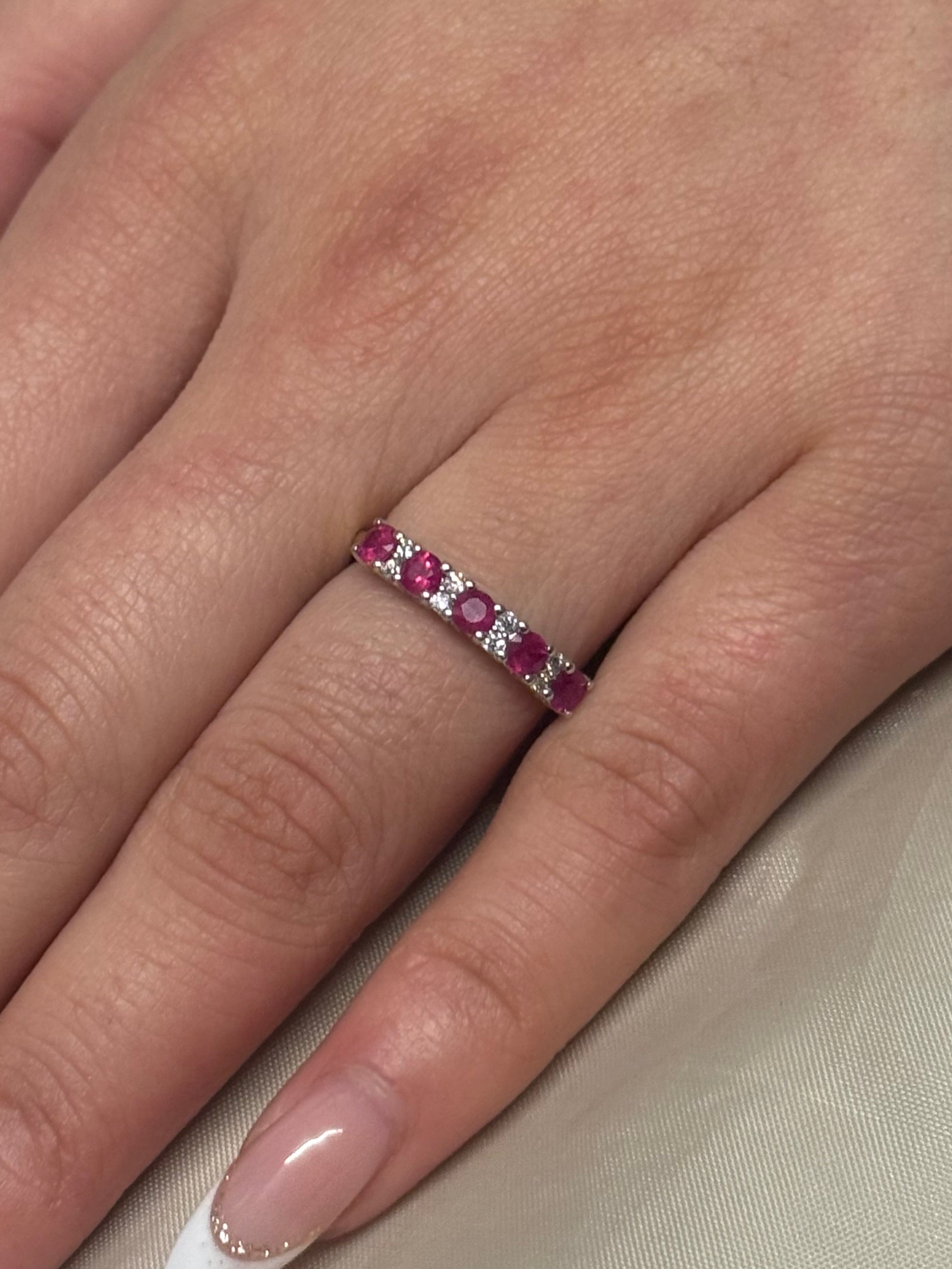 9K Yellow Gold Five Stone Ruby Ring with Diamond Accents