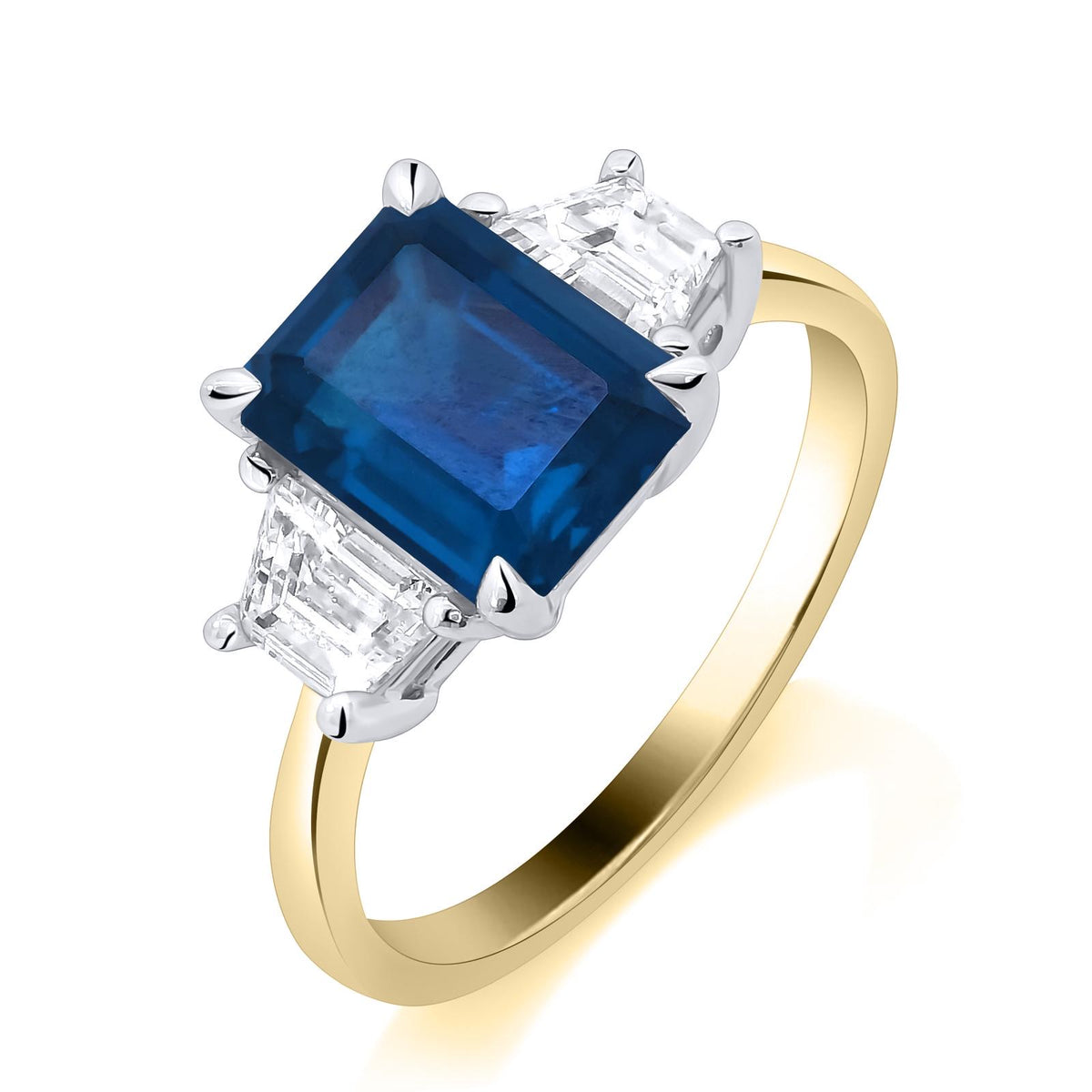 9ct Yellow Gold Lab-Grown Emerald Cut Sapphire with Trapezoid Diamond Shoulders