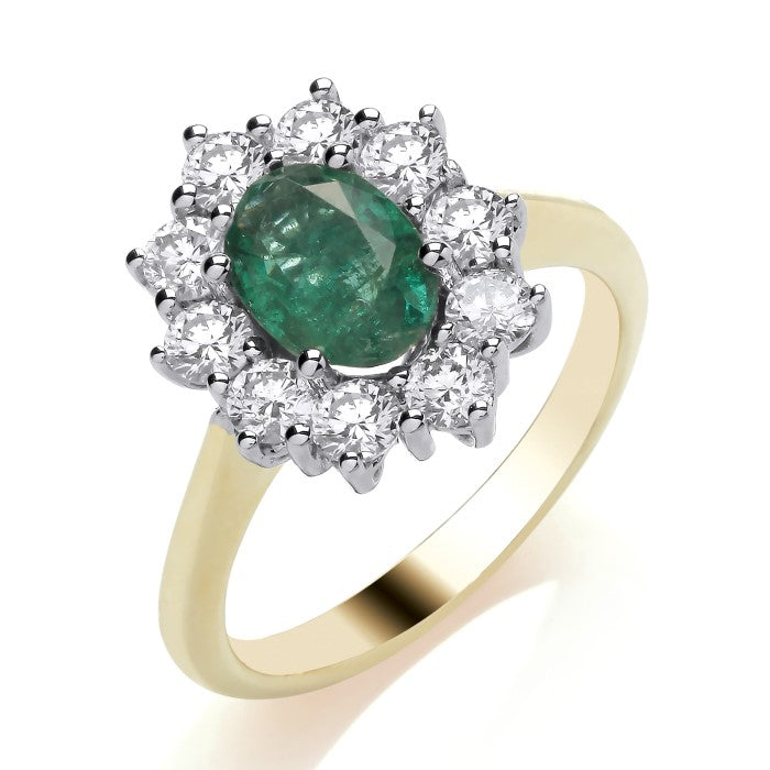 9K Yellow Gold Large Emerald and Diamond Cluster Ring