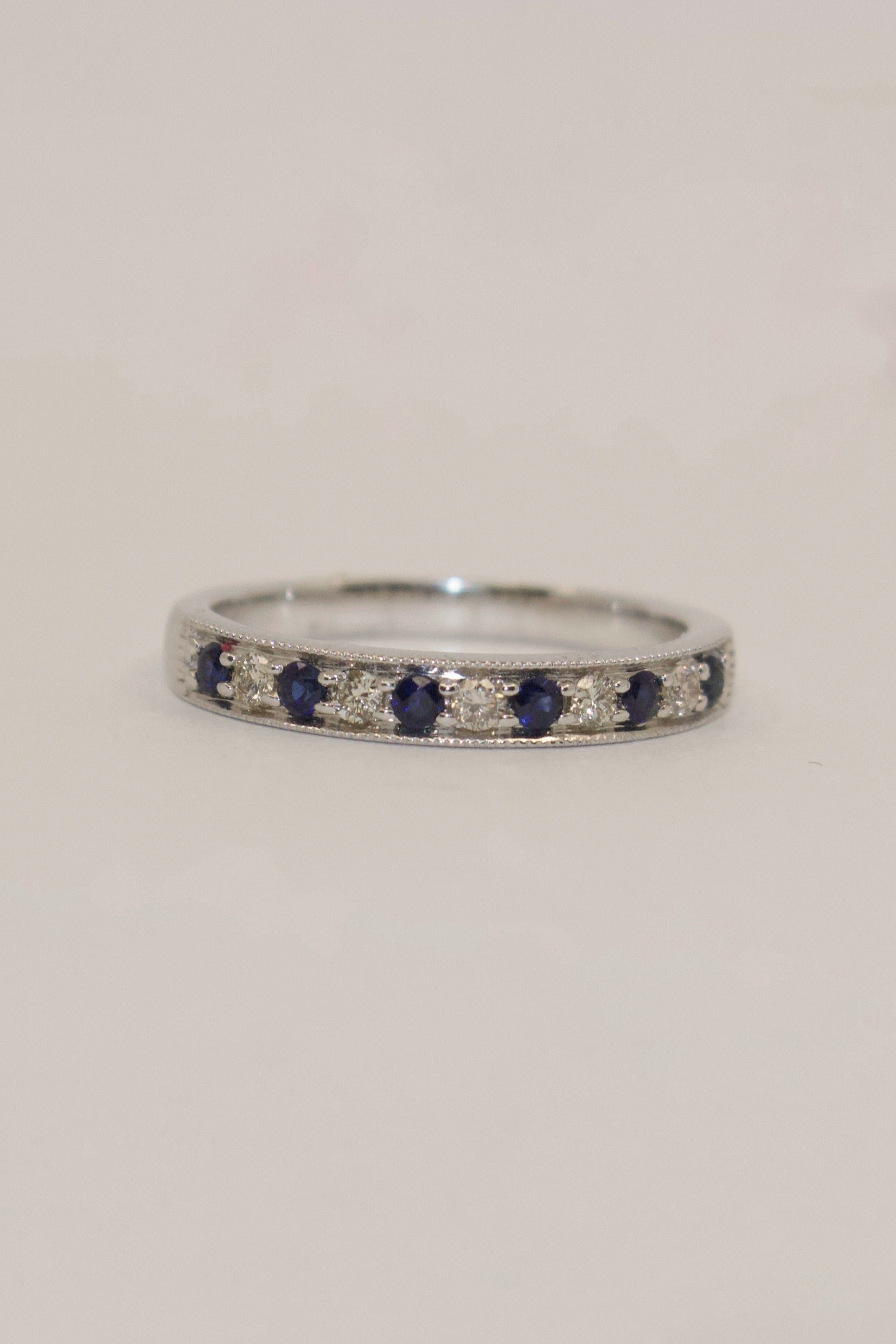 9ct White Gold Milgrain Channel Set Sapphire and Diamond Band