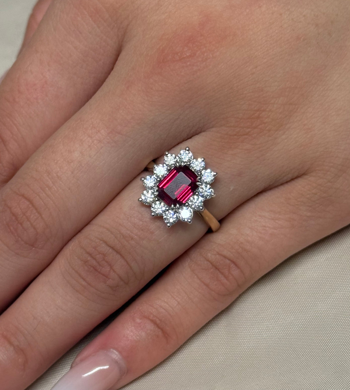 9ct Yellow Gold Lab Grown Emerald Cut Ruby and Diamond Cluster Ring