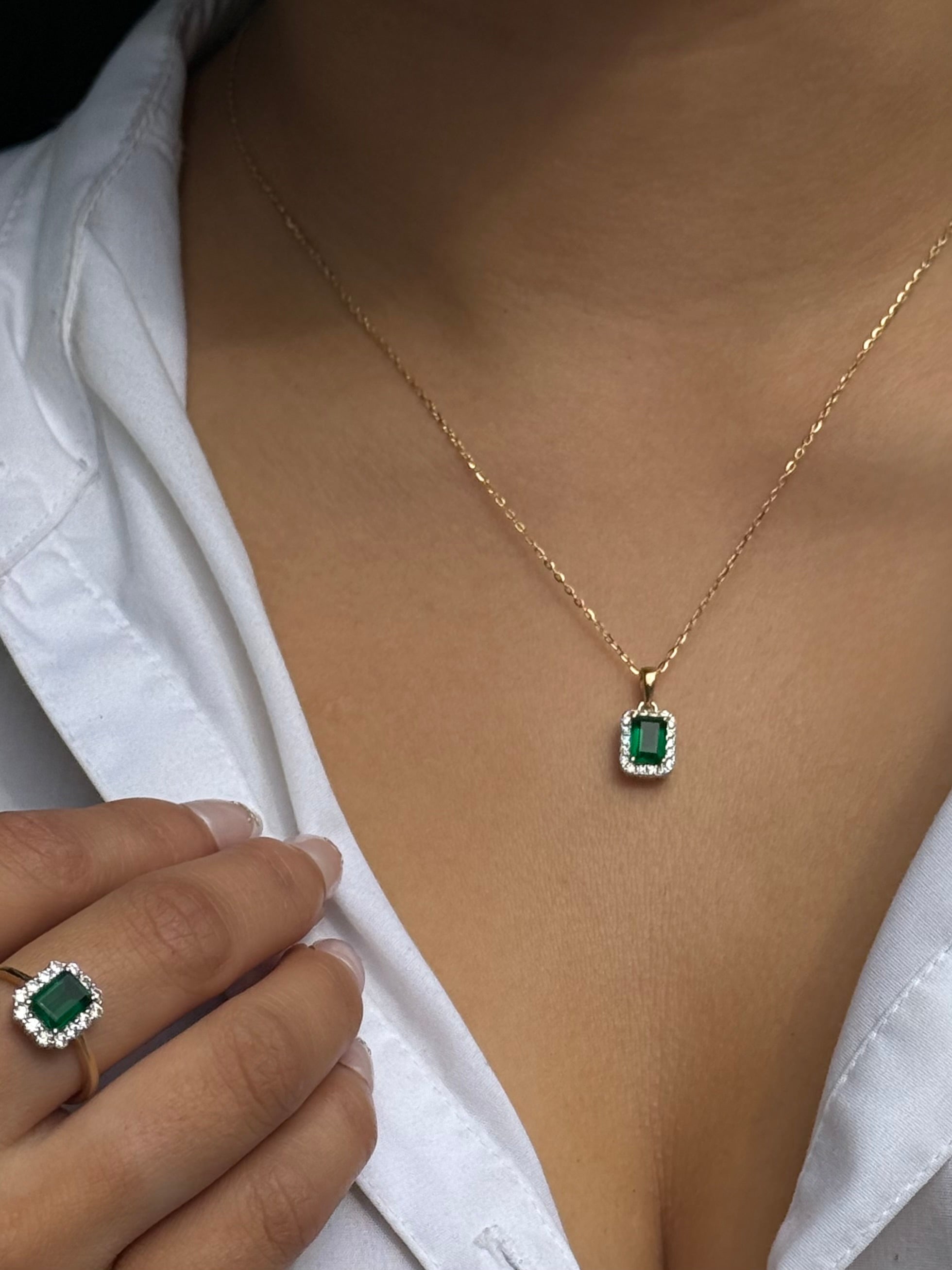 9ct Yellow Gold Green Stone CZ Emerald Cut Halo Pendant