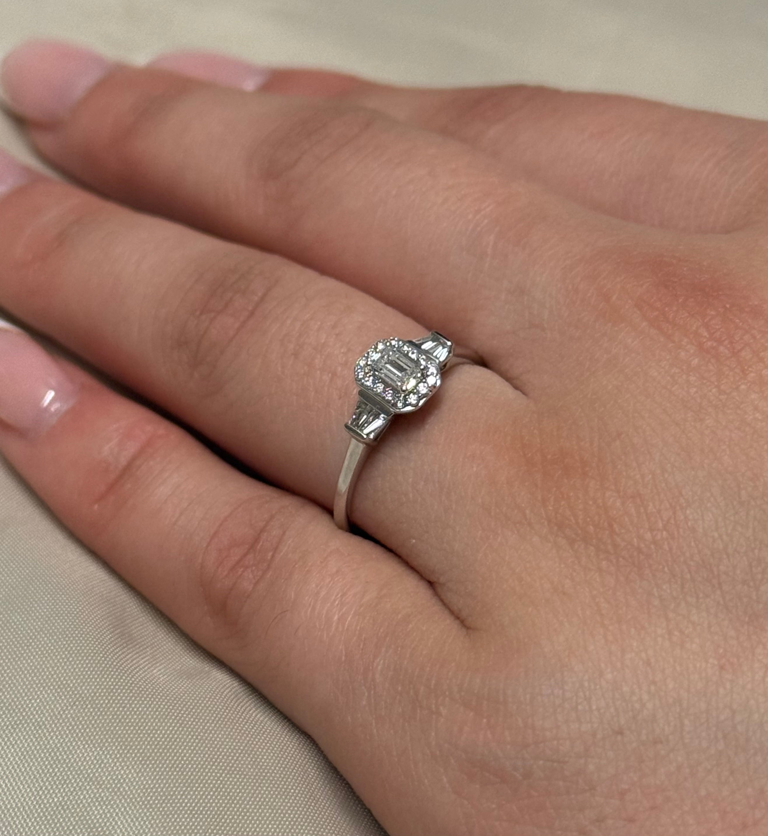 9K White Gold Emerald Cut and Baguette Diamond Cluster with Halo