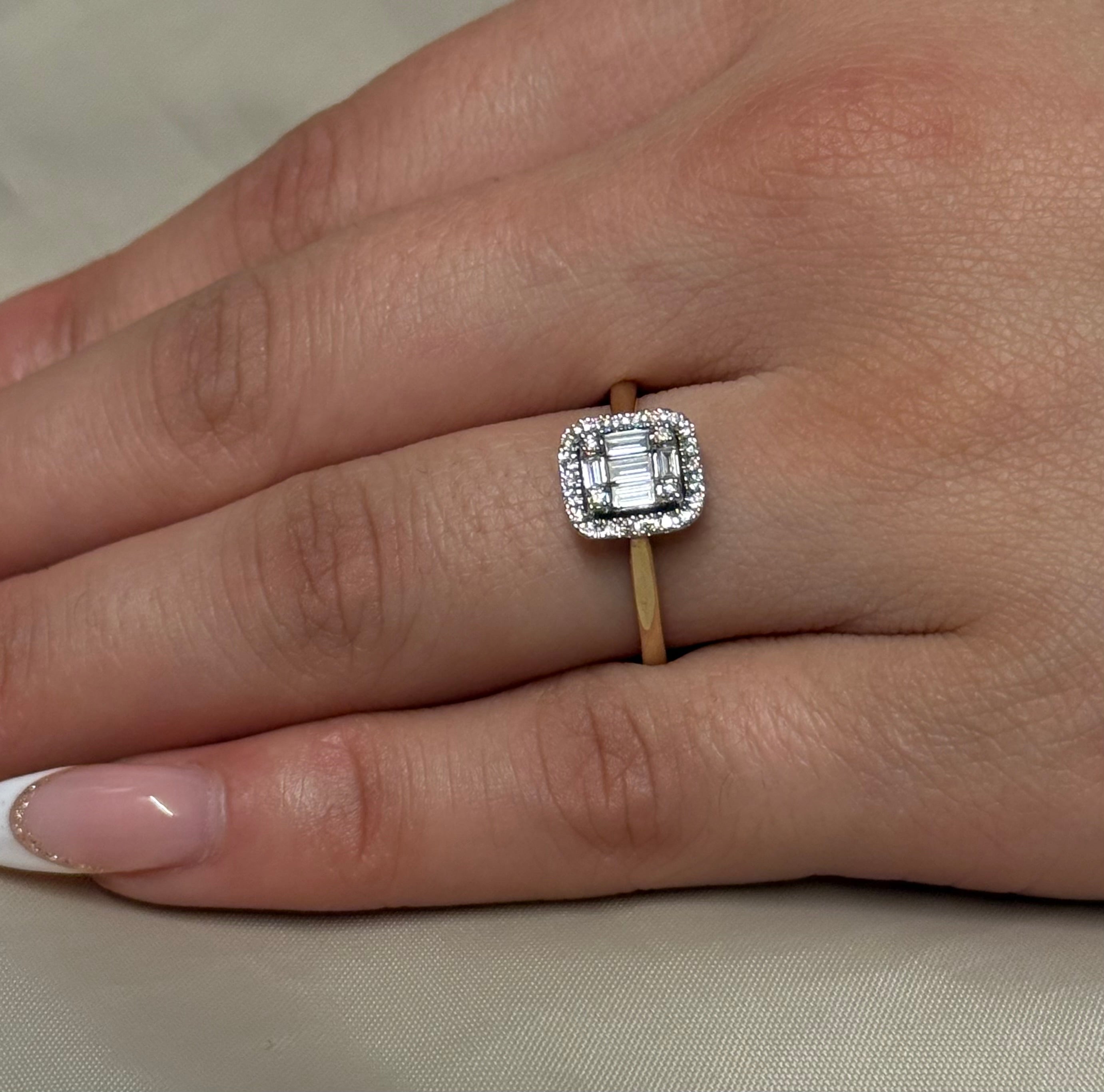 9K Yellow Gold Emerald Cut Cluster Halo Diamond Ring